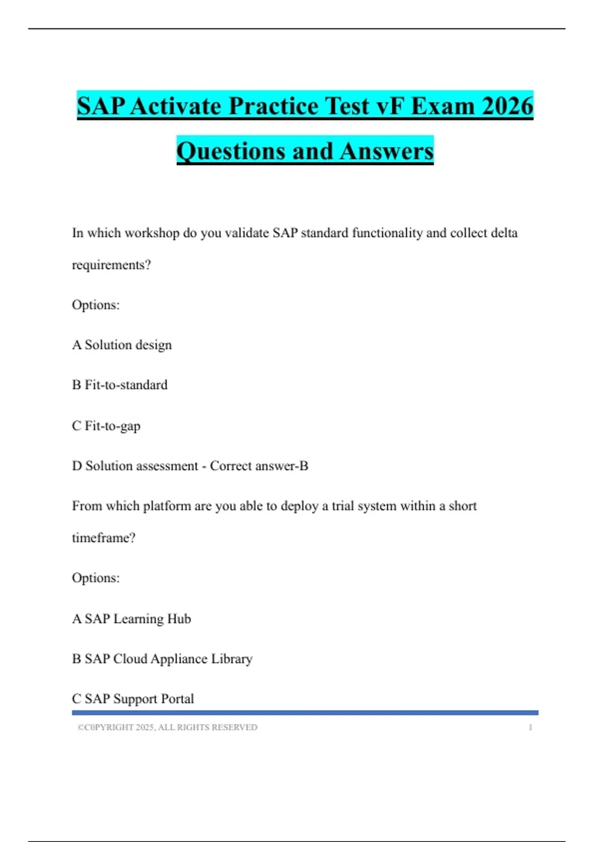 SAP Activate Practice Test vF Exam 2026 Questions and Answers - SAP ...