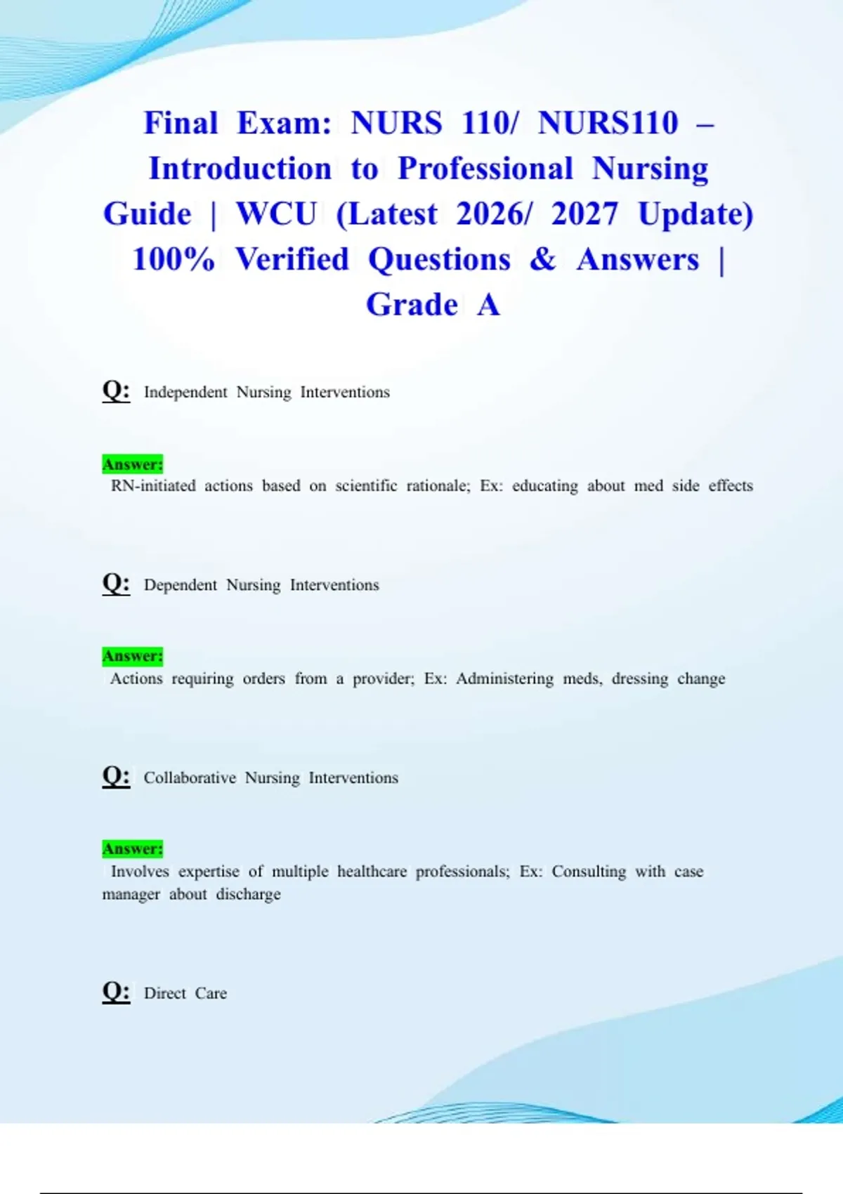 Final Exam: NURS 110/ NURS110 – Introduction to Professional Nursing ...