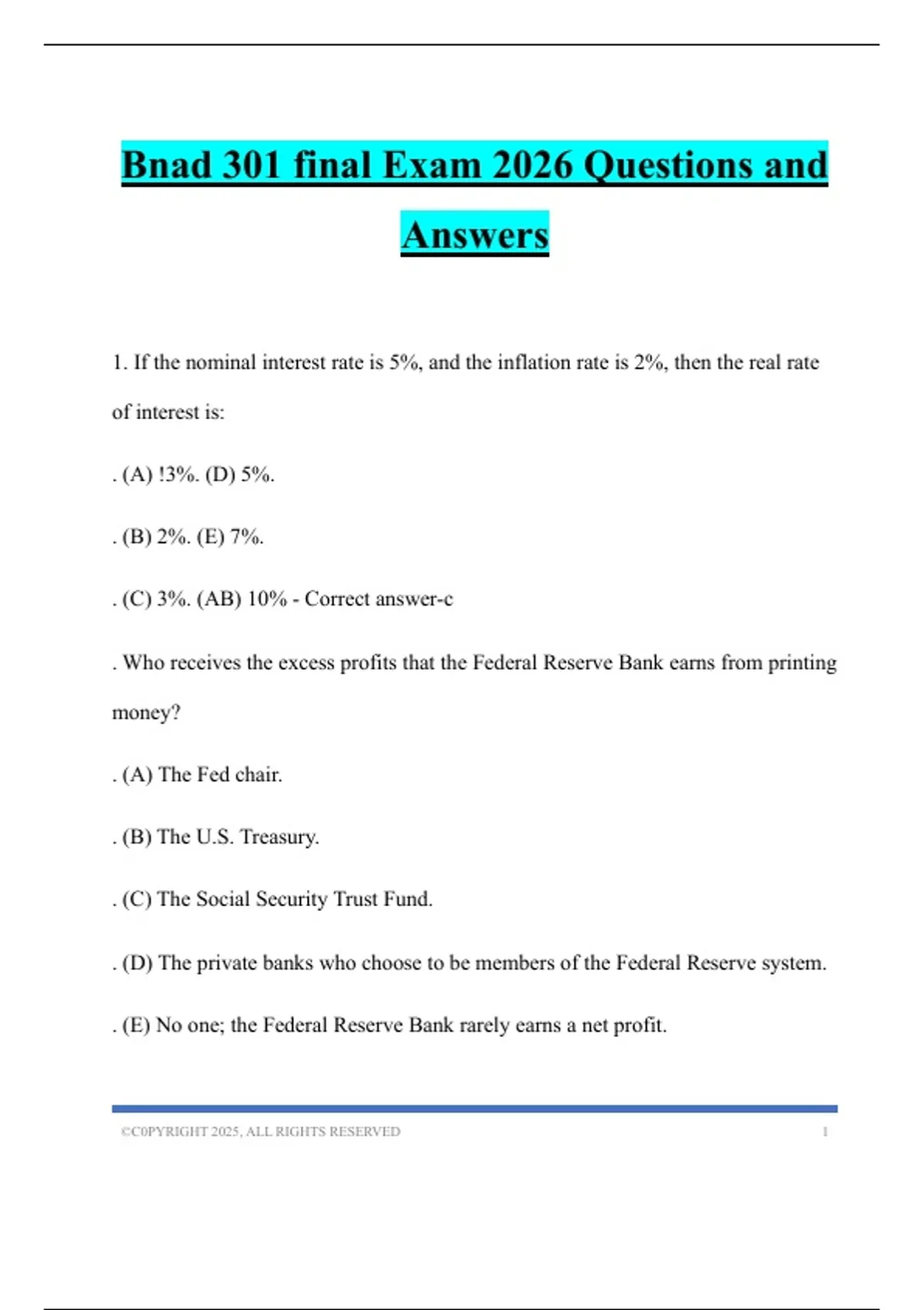 Bnad 301 final Exam 2026 Questions and Answers - BNAD 301 - Stuvia US