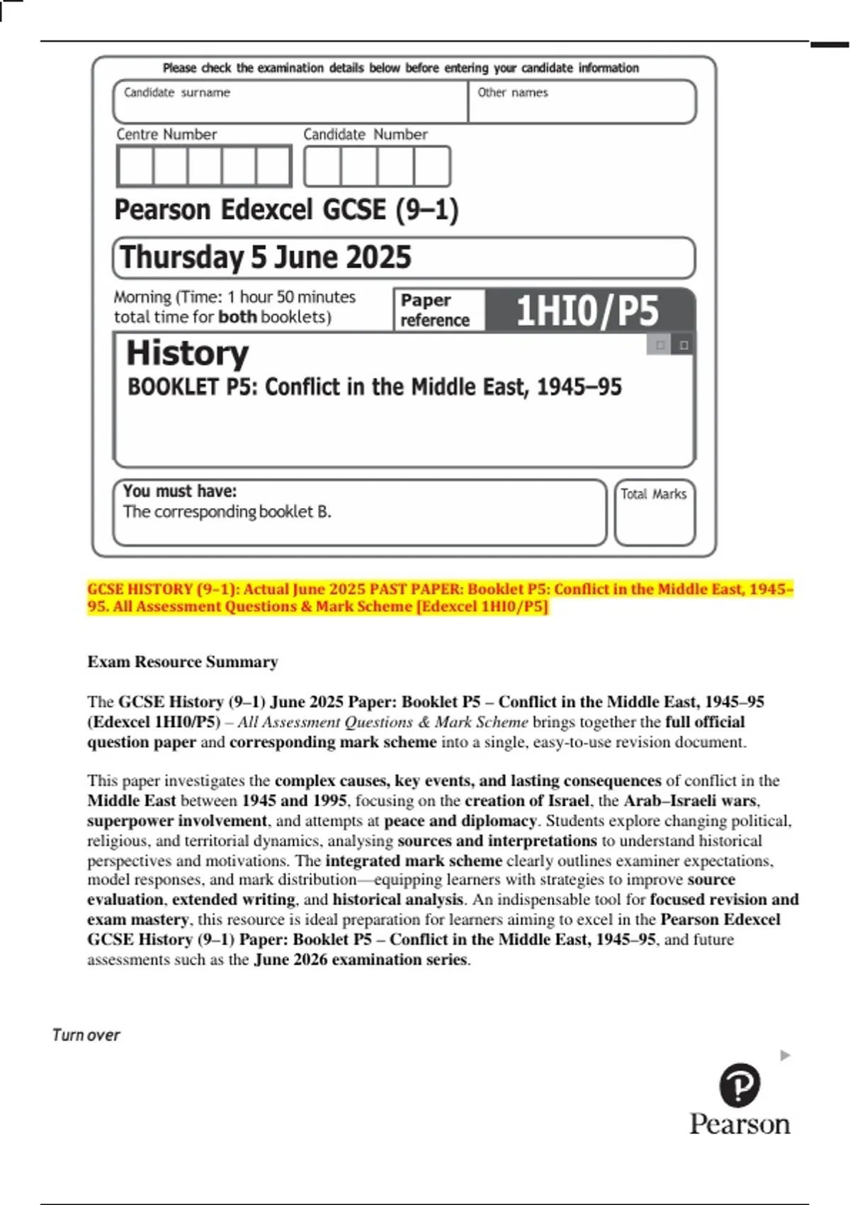 History Gcse Coursework Example GCSE HISTORY (9–1): Actual June 2025 PAST PAPER: Booklet P5: Conflict ...