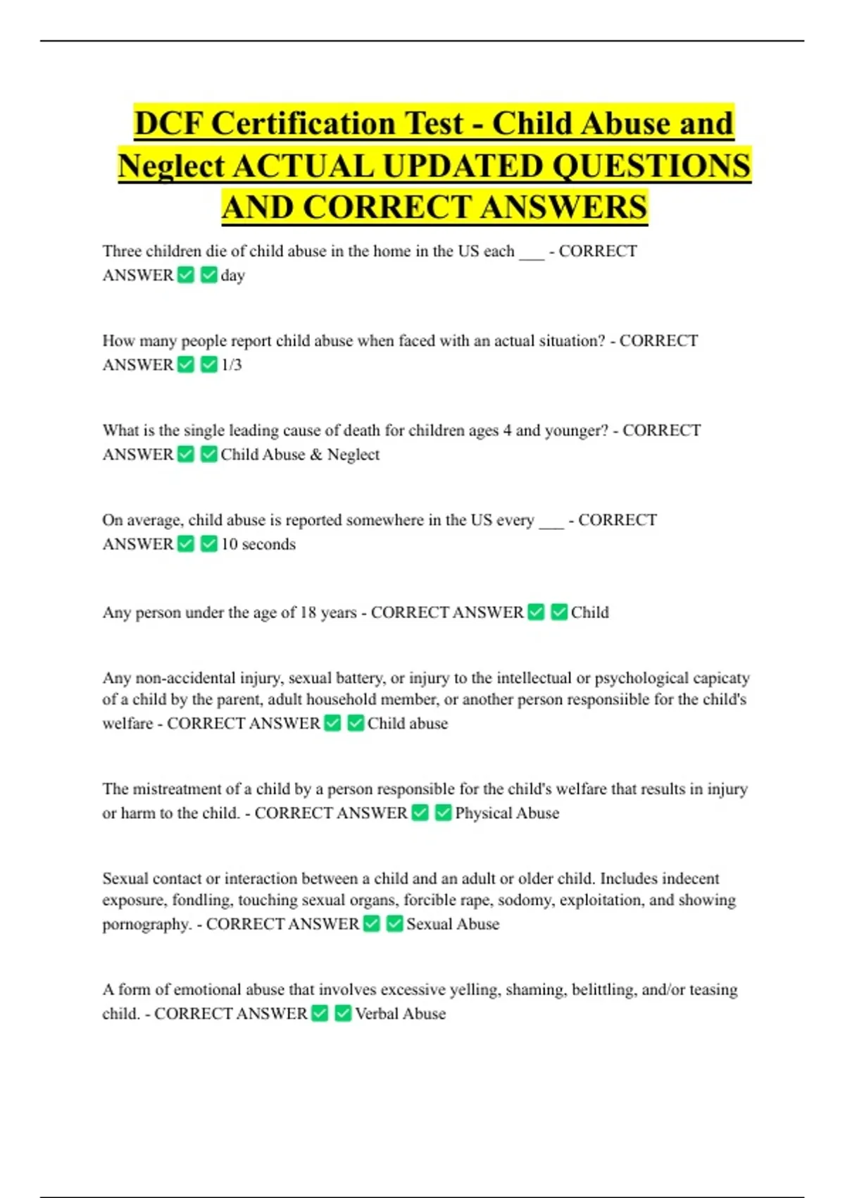 DCF Certification Test - Child Abuse and Neglect ACTUAL UPDATED ...