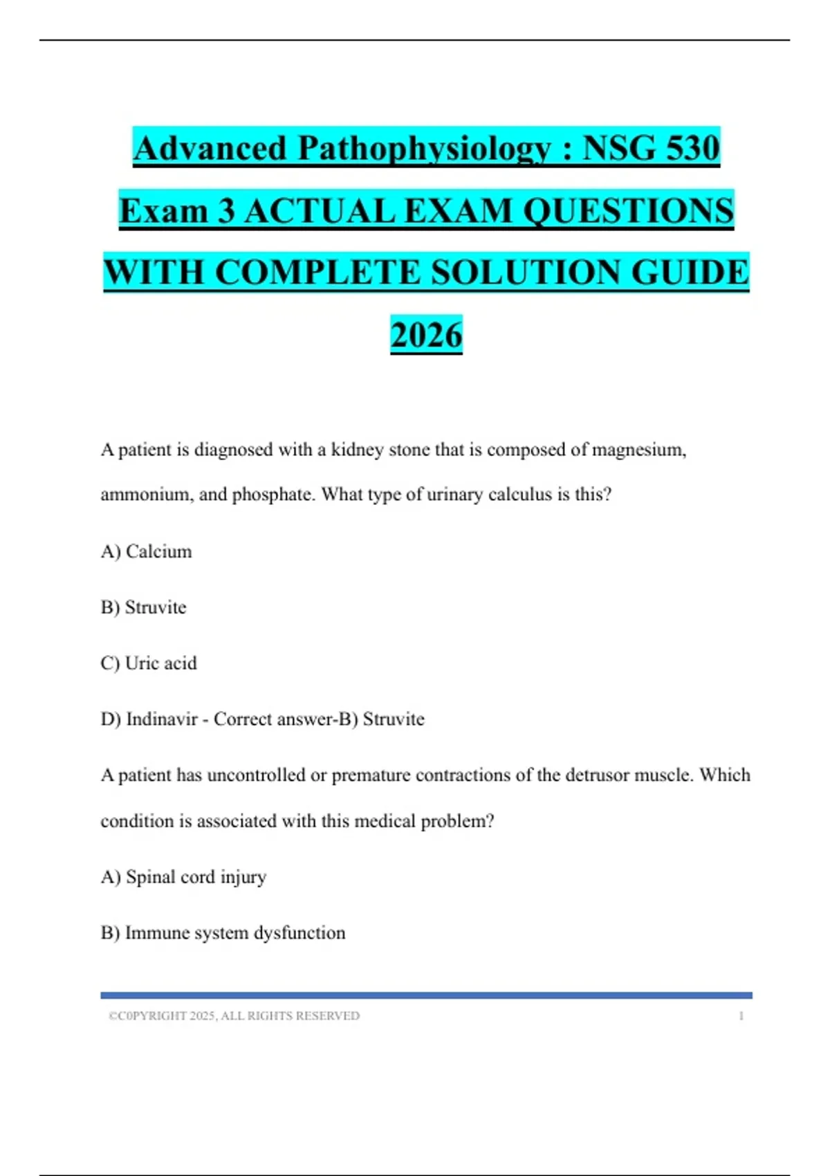 Advanced Pathophysiology : NSG 530 Exam 3 ACTUAL EXAM QUESTIONS WITH ...