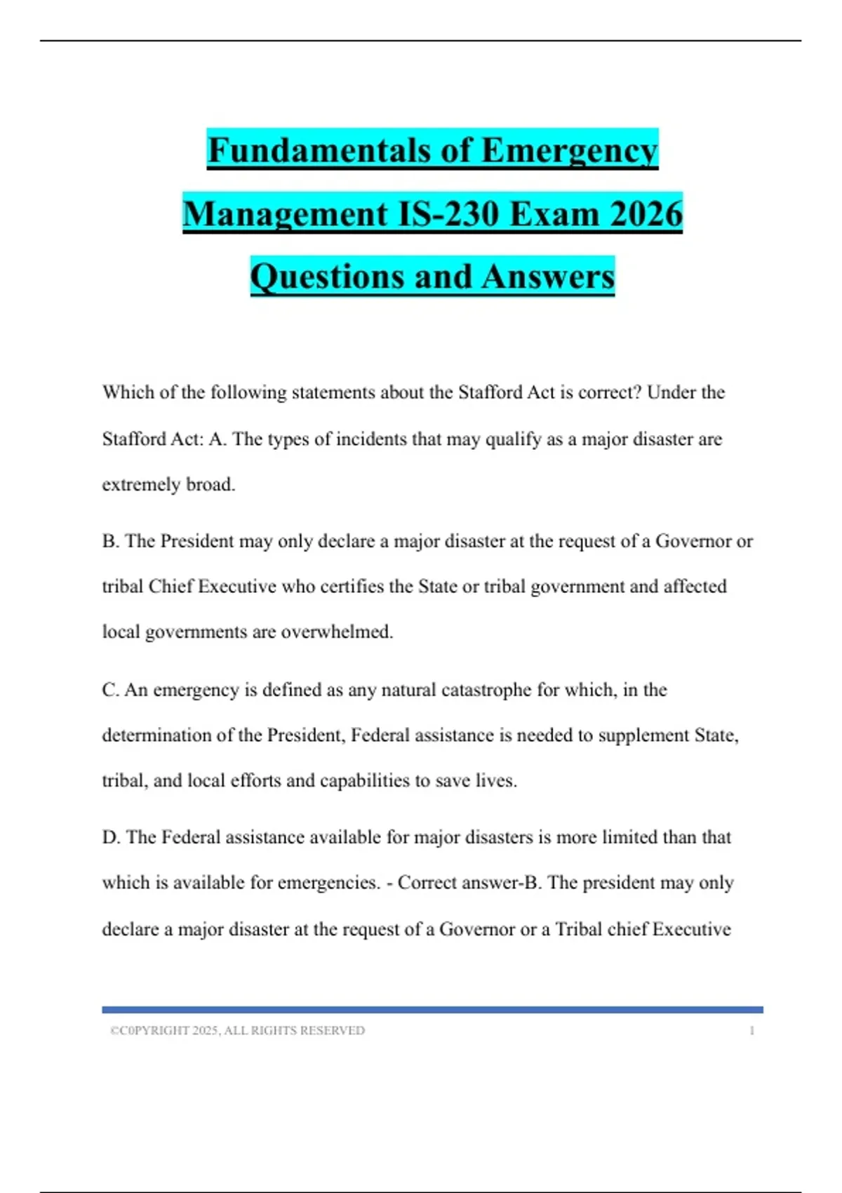 Fundamentals of Emergency Management IS-230 Exam 2026 Questions and ...