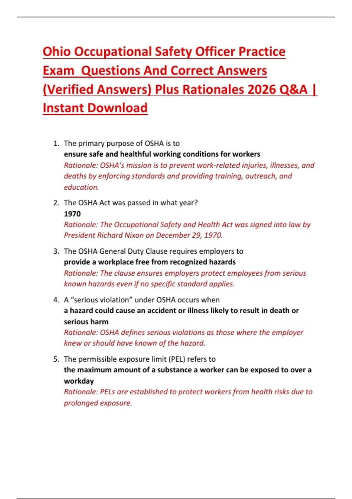 Ohio Occupational Safety Officer Practice Exam Questions And Correct ...
