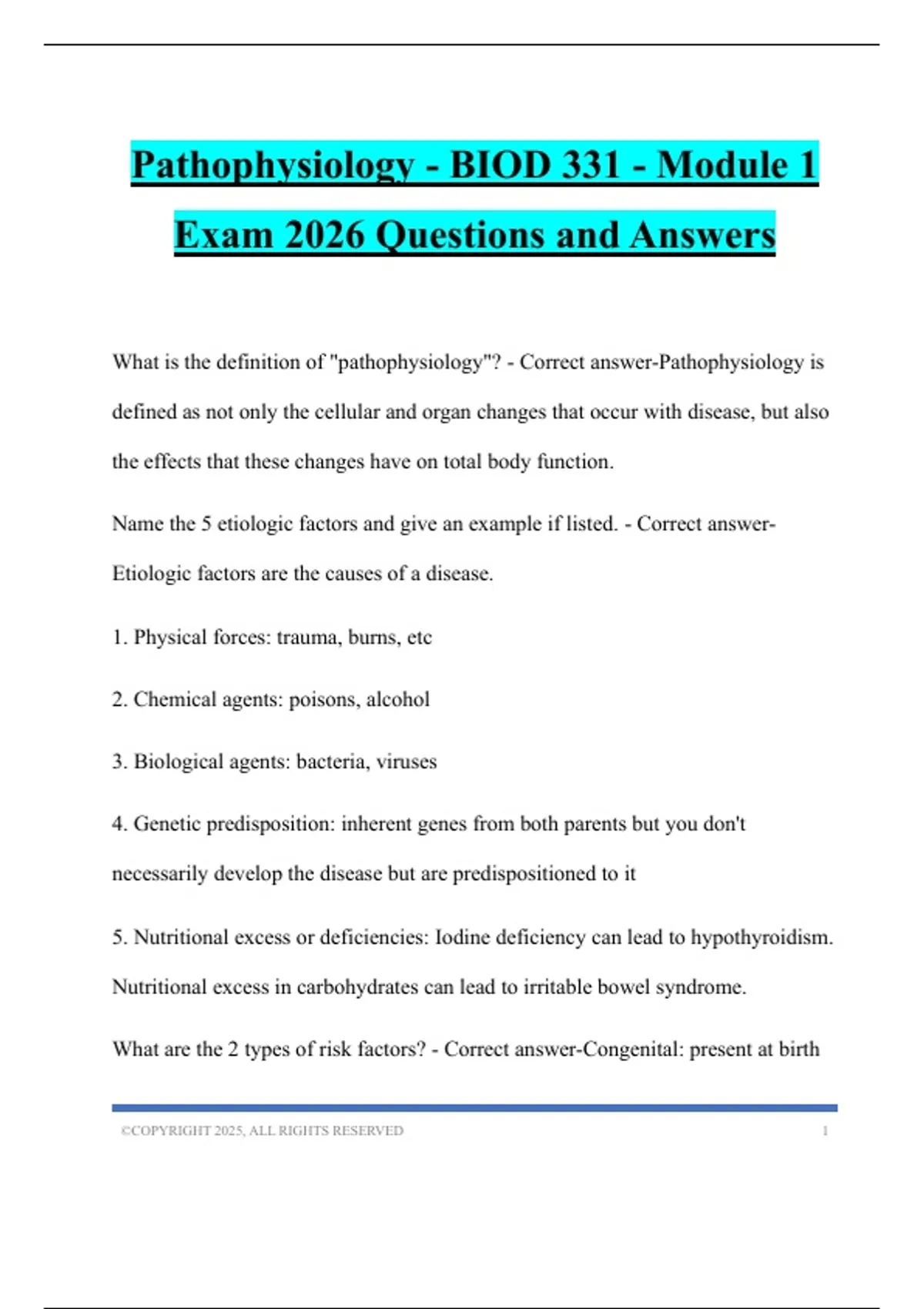 Pathophysiology - BIOD 331 - Module 1 Exam 2026 Questions and Answers ...