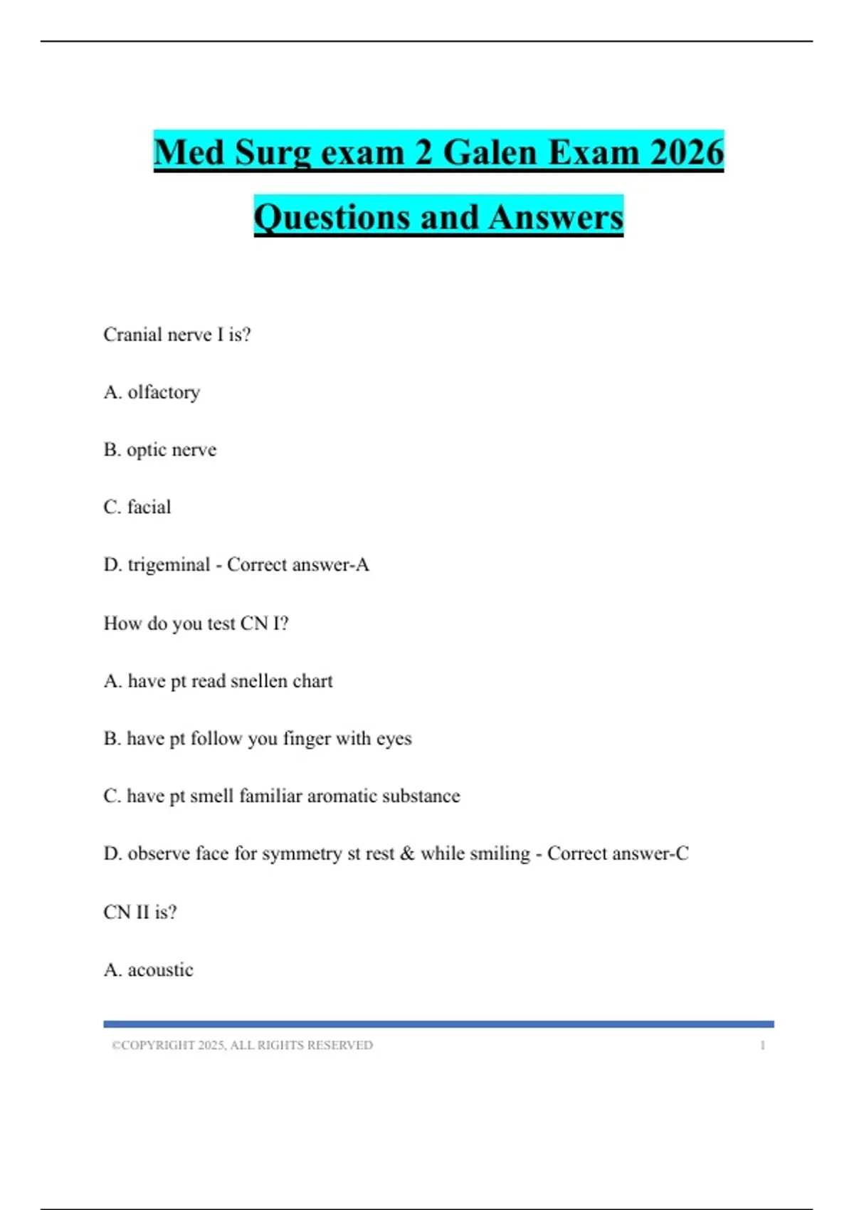 Med Surg exam 2 Galen Exam 2026 Questions and Answers - Galen NUR 242 ...