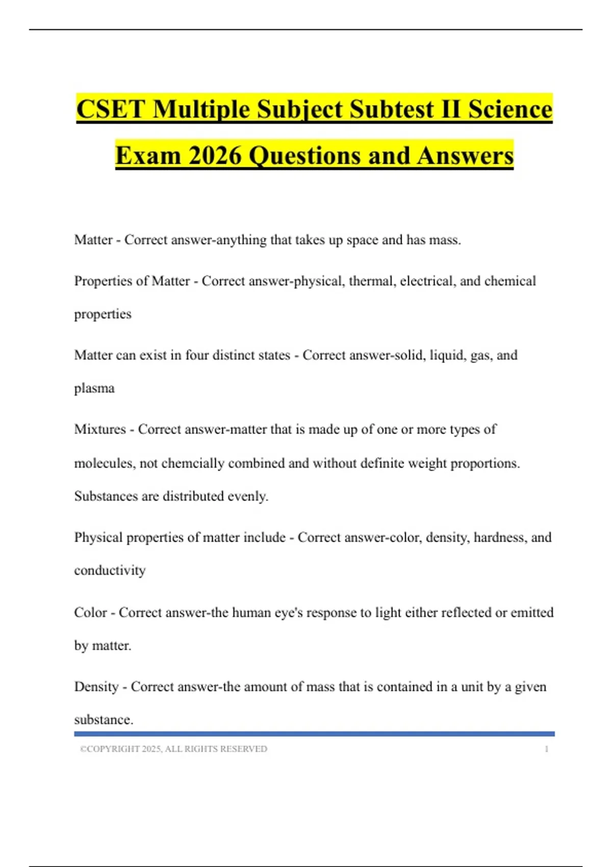 CSET Multiple Subject Subtest II Science Exam 2026 Questions and ...