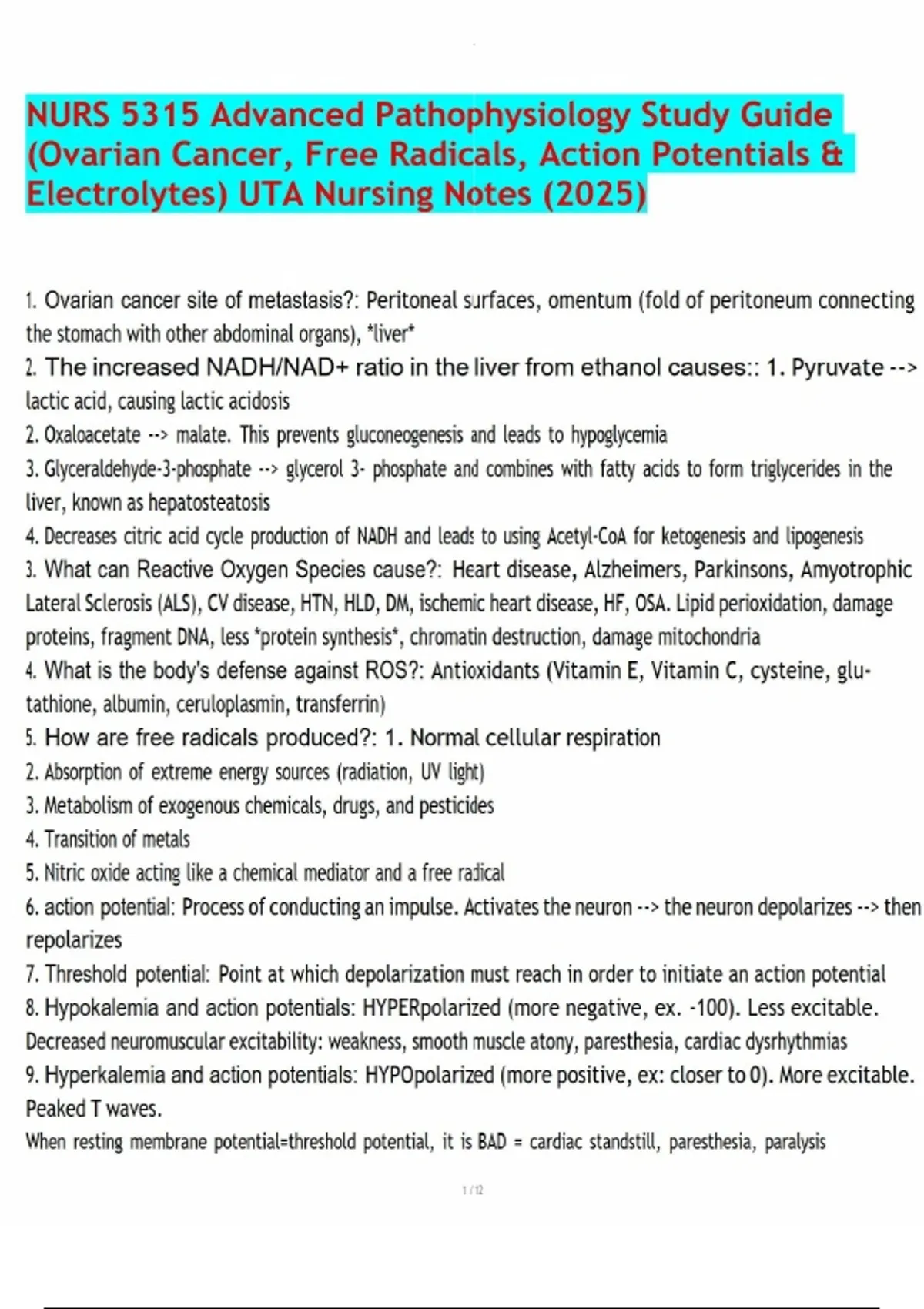 NURS 5315 Advanced Pathophysiology Study Guide (Ovarian Cancer, Free ...