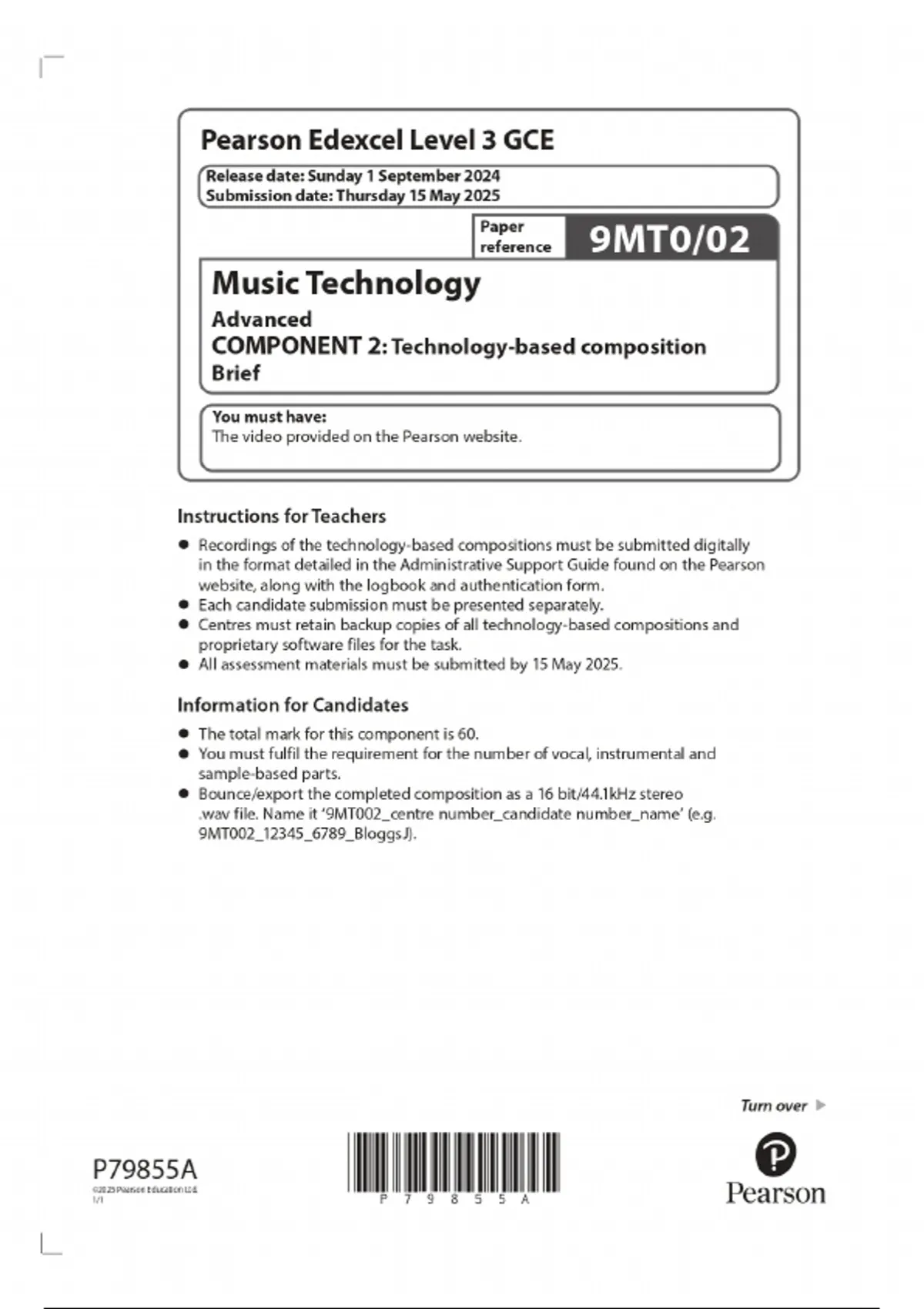 2025 GCE PEARSON EDEXCEL LEVEL 3 MUSIC TECHNOLOGY ADVANCED COMPONENT 2 ...