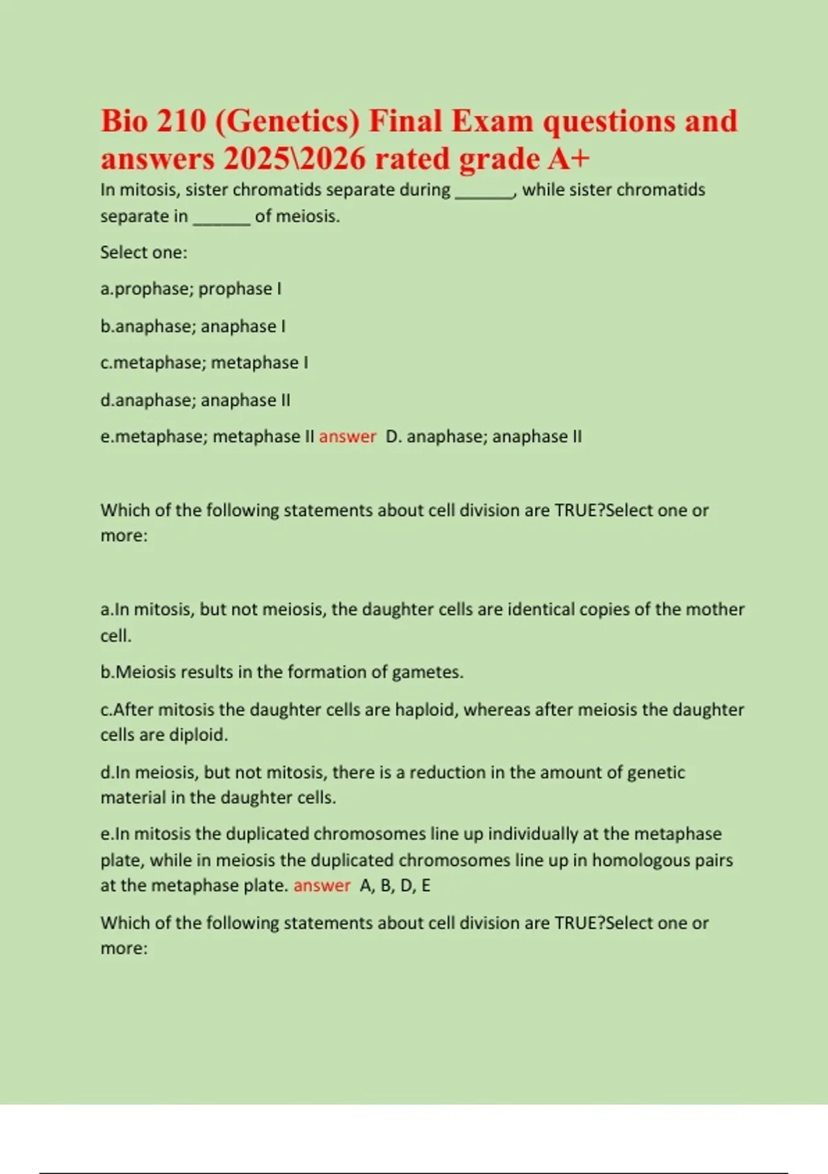 Bio 210 (Genetics) Final Exam questions and answers rated grade A+ ...