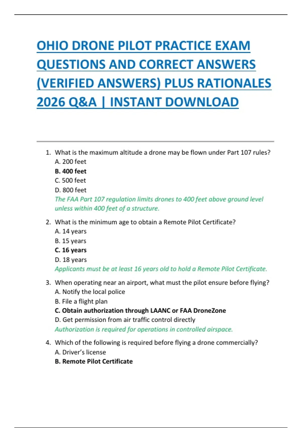OHIO DRONE PILOT PRACTICE EXAM QUESTIONS AND CORRECT ANSWERS (VERIFIED ...