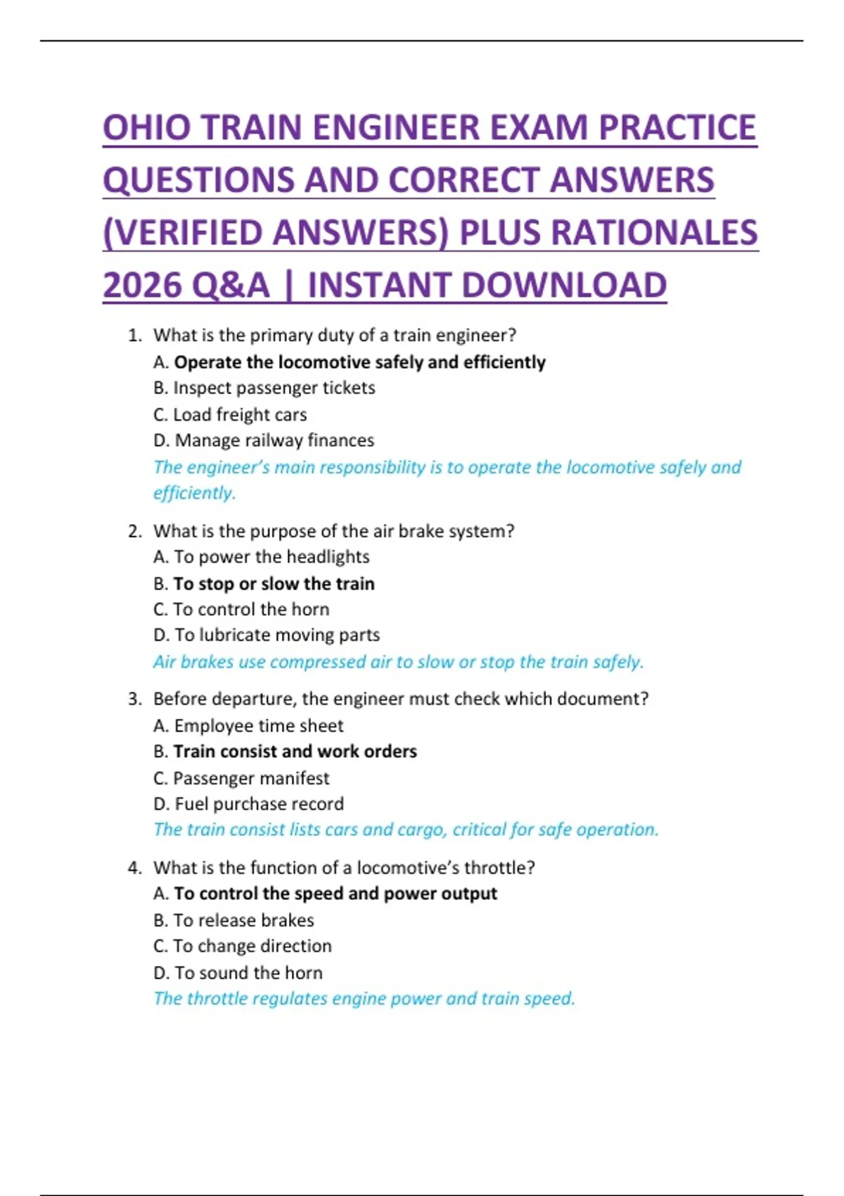 OHIO TRAIN ENGINEER EXAM PRACTICE QUESTIONS AND CORRECT ANSWERS ...