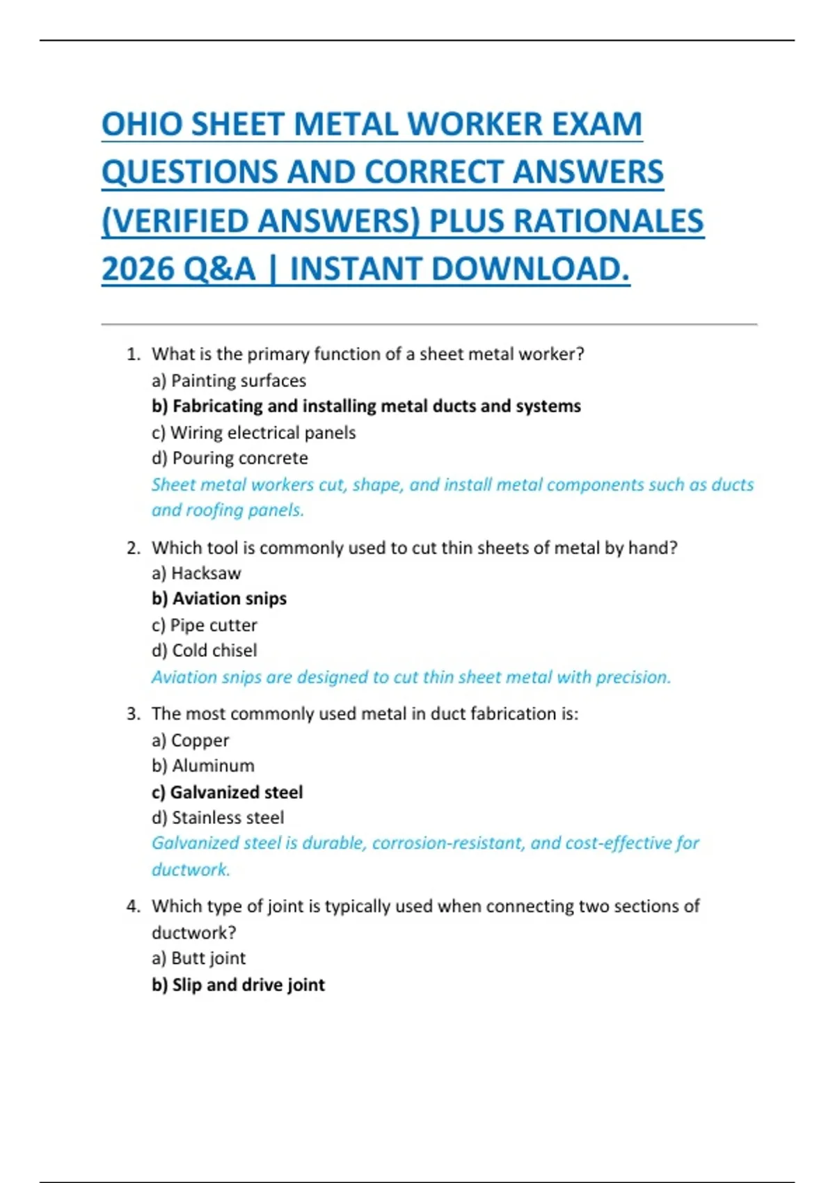 OHIO SHEET METAL WORKER EXAM QUESTIONS AND CORRECT ANSWERS (VERIFIED ...