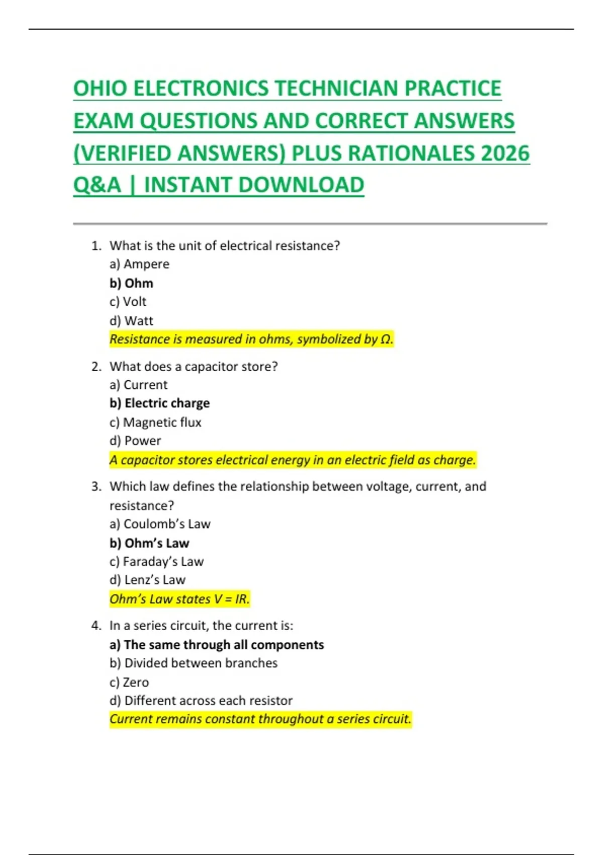 OHIO ELECTRONICS TECHNICIAN PRACTICE EXAM QUESTIONS AND CORRECT ANSWERS ...