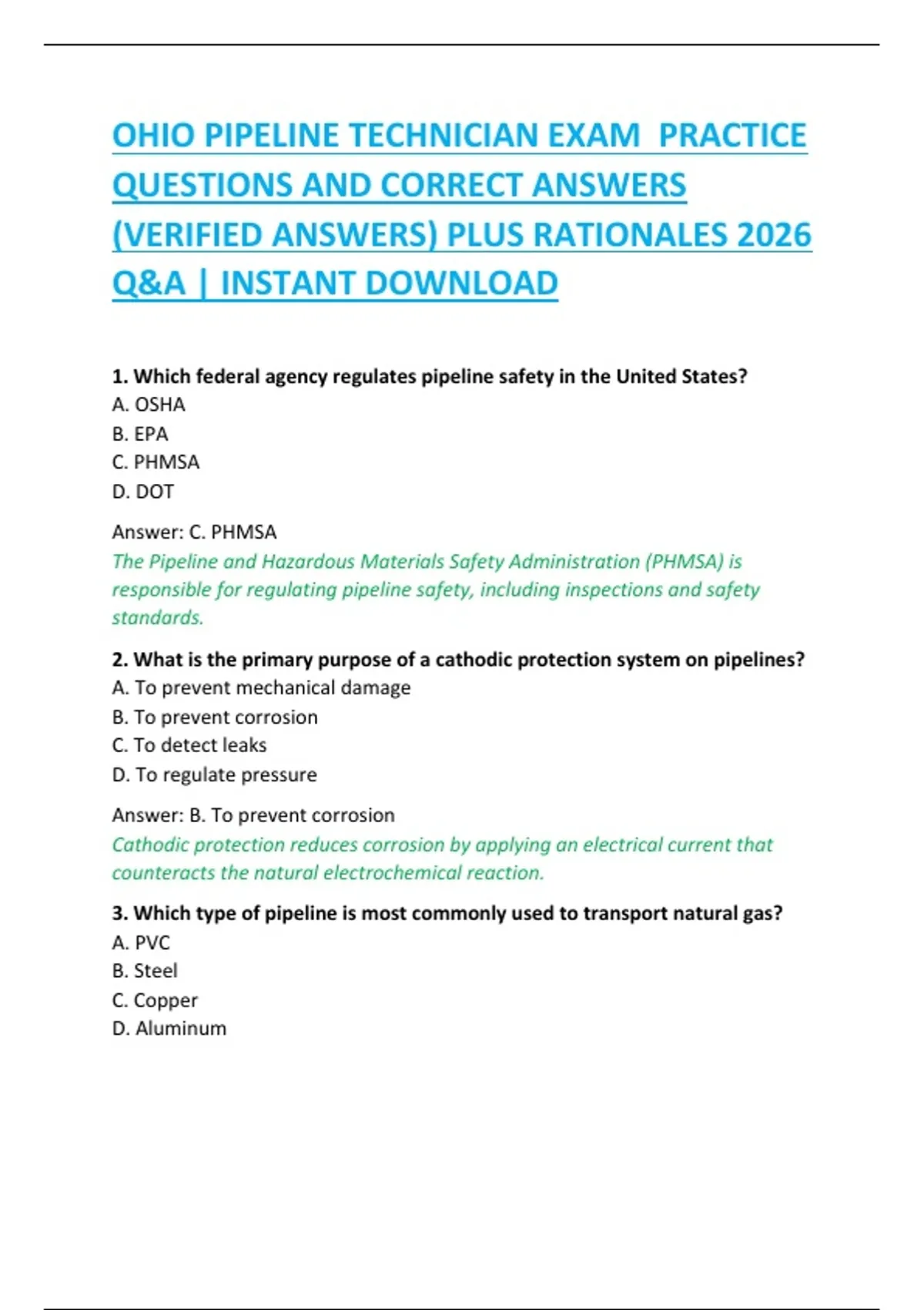 OHIO PIPELINE TECHNICIAN EXAM PRACTICE QUESTIONS AND CORRECT ANSWERS ...