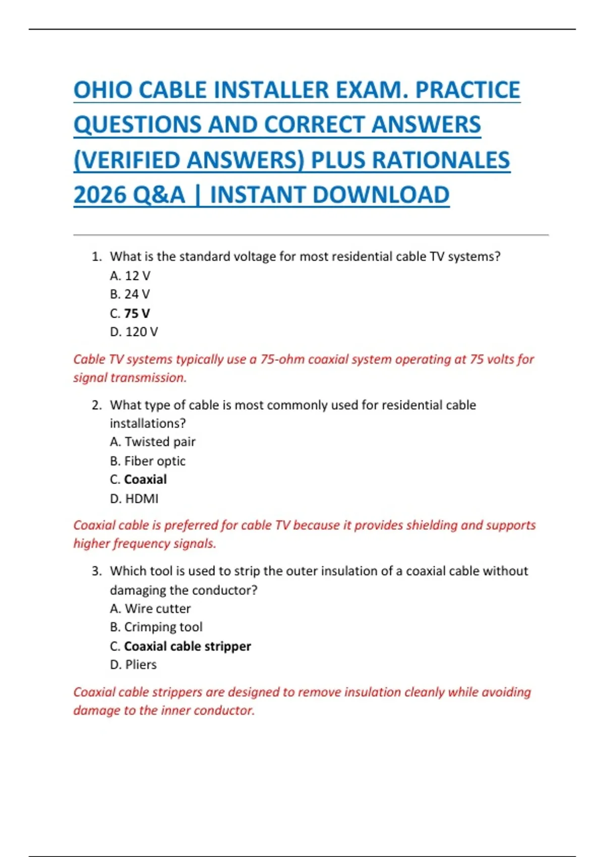 OHIO CABLE INSTALLER EXAM. PRACTICE QUESTIONS AND CORRECT ANSWERS ...