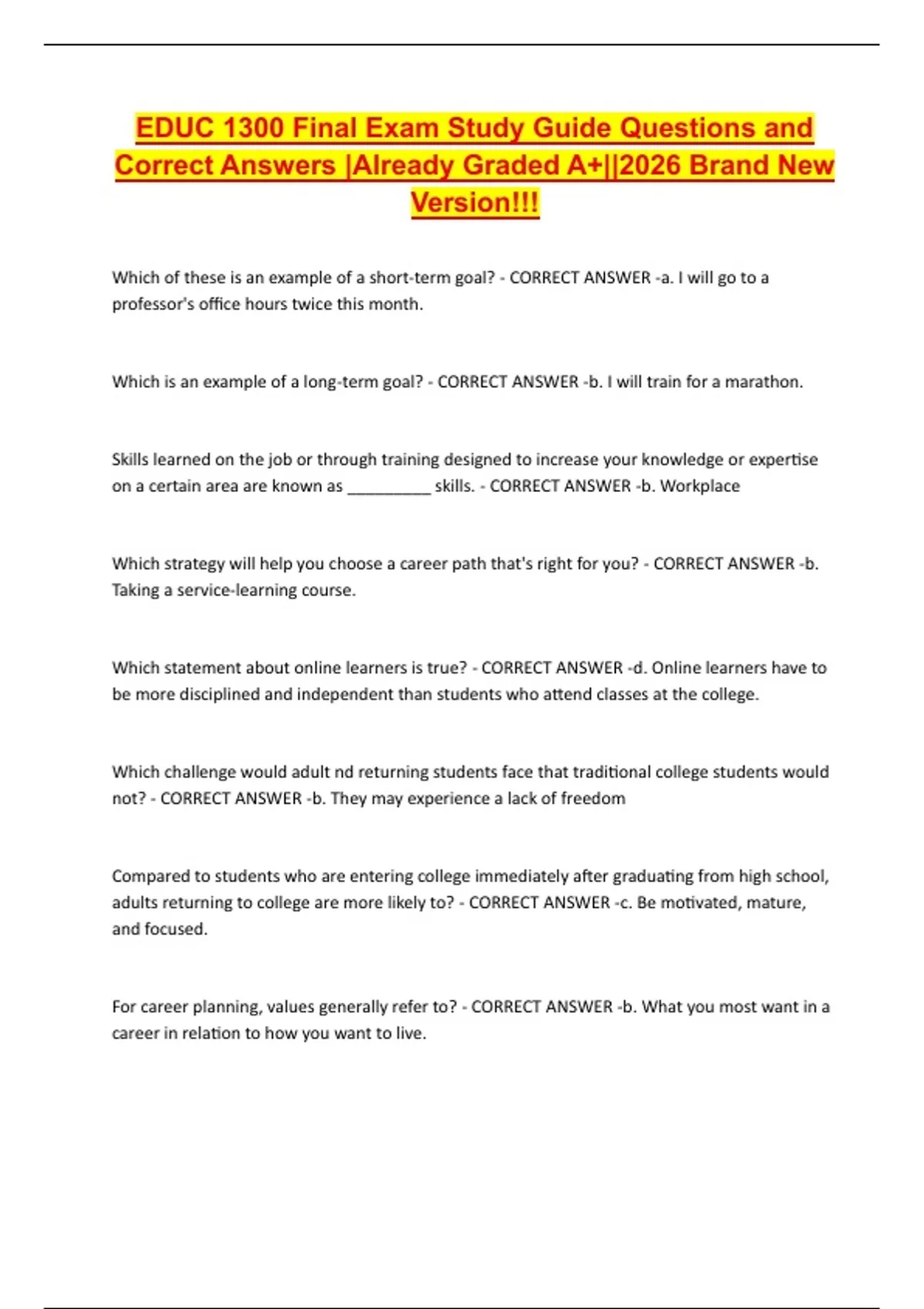 EDUC 1300 Final Exam Study Guide Questions and Correct Answers |Already ...
