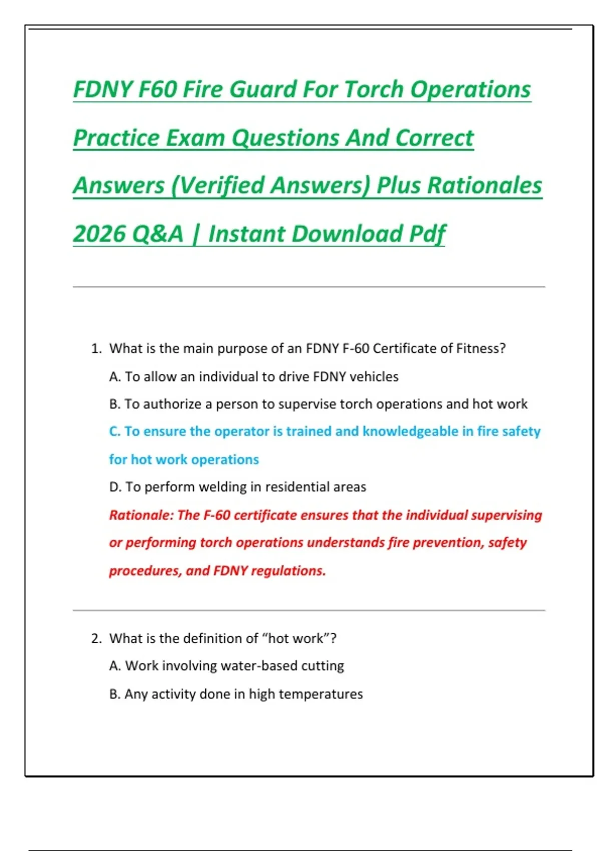 FDNY F60 Fire Guard For Torch Operations Practice Exam Questions And Correct Answers (Verified ...