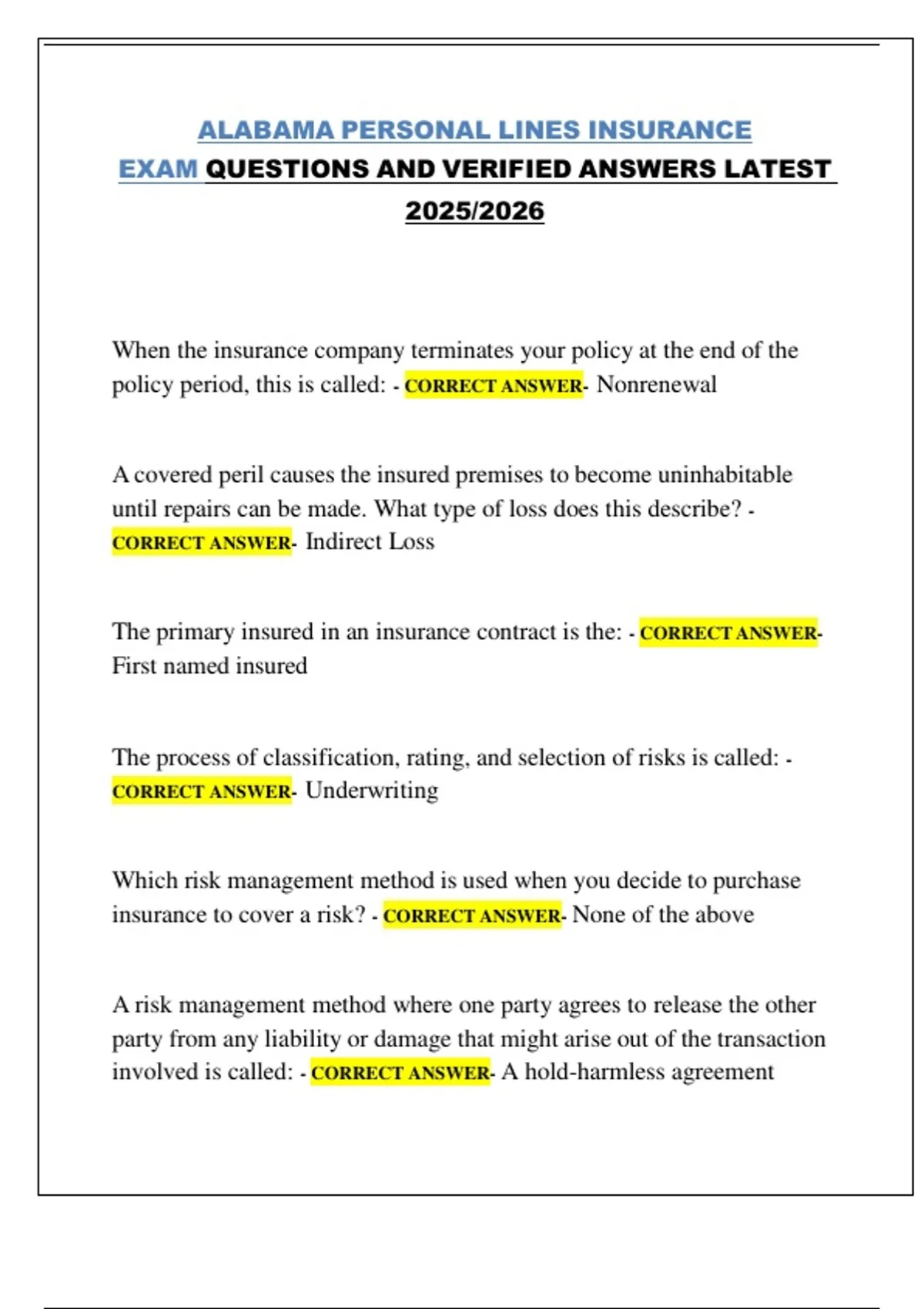 ALABAMA PERSONAL LINES INSURANCE EXAM QUESTIONS AND VERIFIED ANSWERS LATEST 2025/2026 - ALABAMA ...