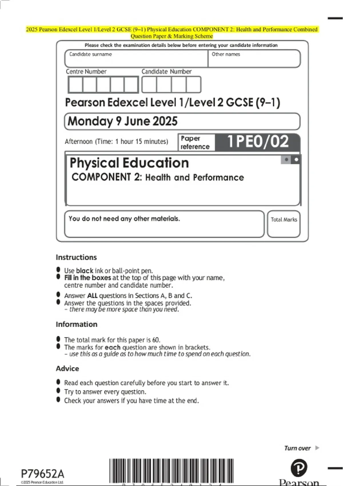 2025 Pearson Edexcel Level 1/Level 2 GCSE (9–1) Physical Education ...