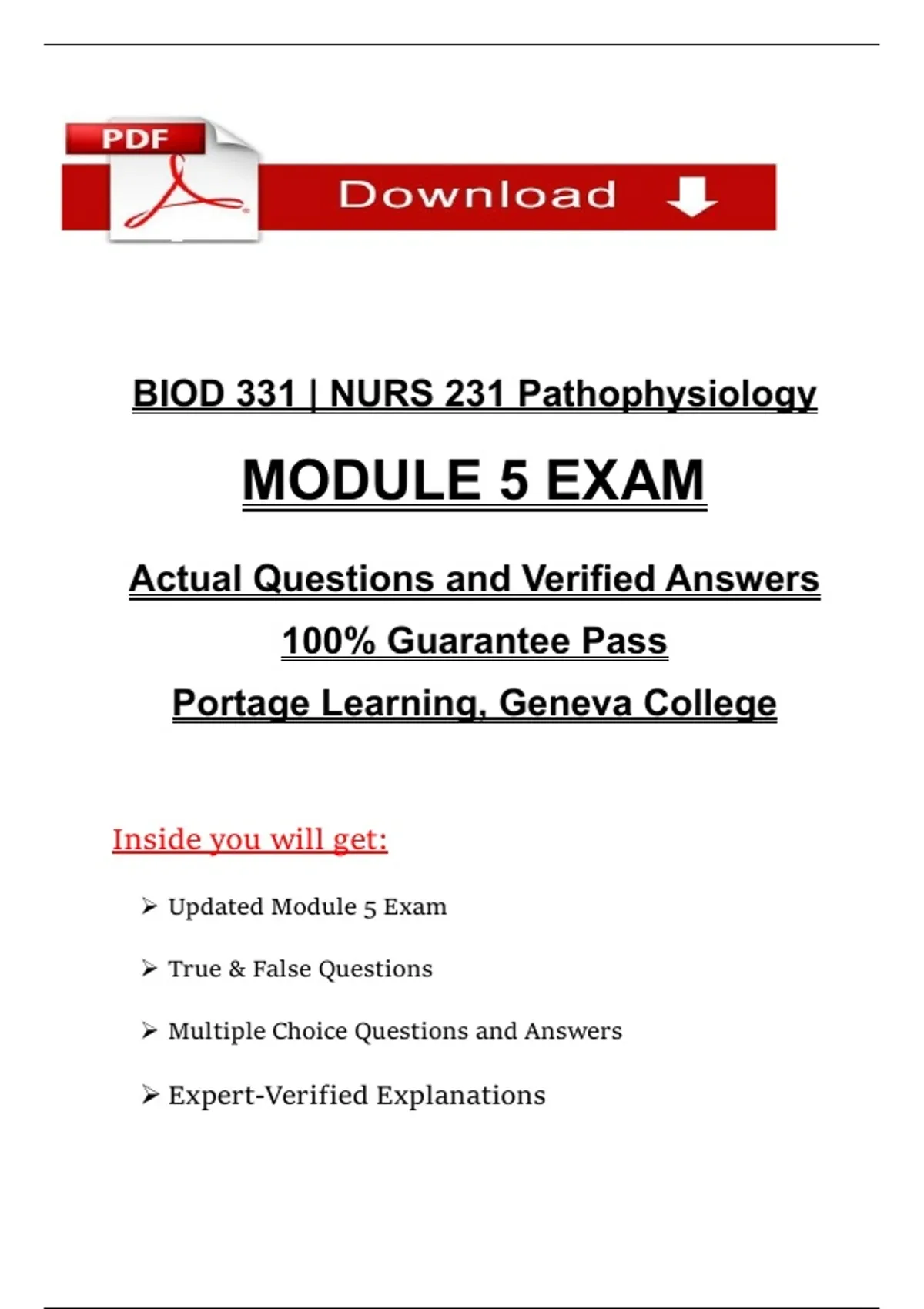 BIOD 331 NURS 231 Pathophysiology Module 5 Exam Actual Questions Biod 331 nurs 231 pathophysiology module 5 exam actual questions
