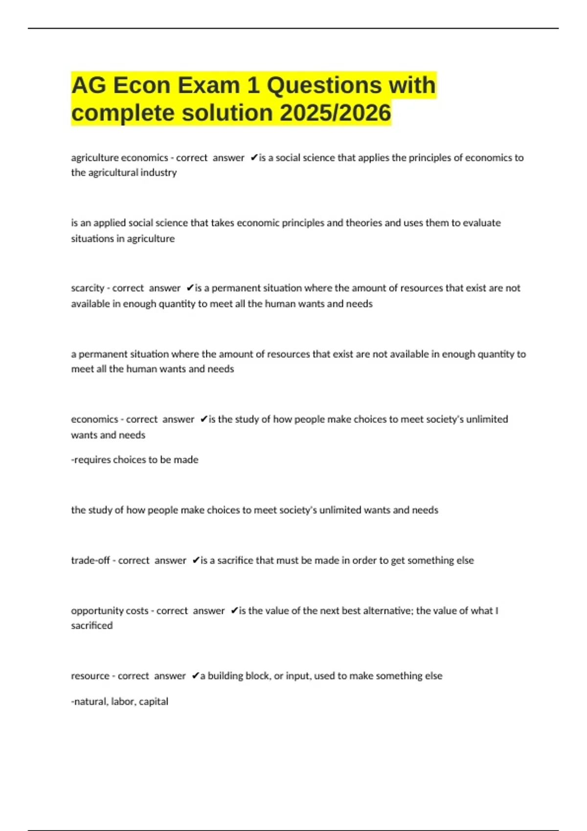AG Econ Exam 1 Questions with complete solution 2025/2026 - AG Econ ...