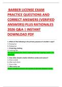 BARBER LICENSE EXAM  PRACTICE QUESTIONS AND  CORRECT ANSWERS &lpar;VERIFIED  ANSWERS&rpar; PLUS RATIONALES  2026 Q&A &vert; INSTANT  DOWNLOAD PDF&period; 
