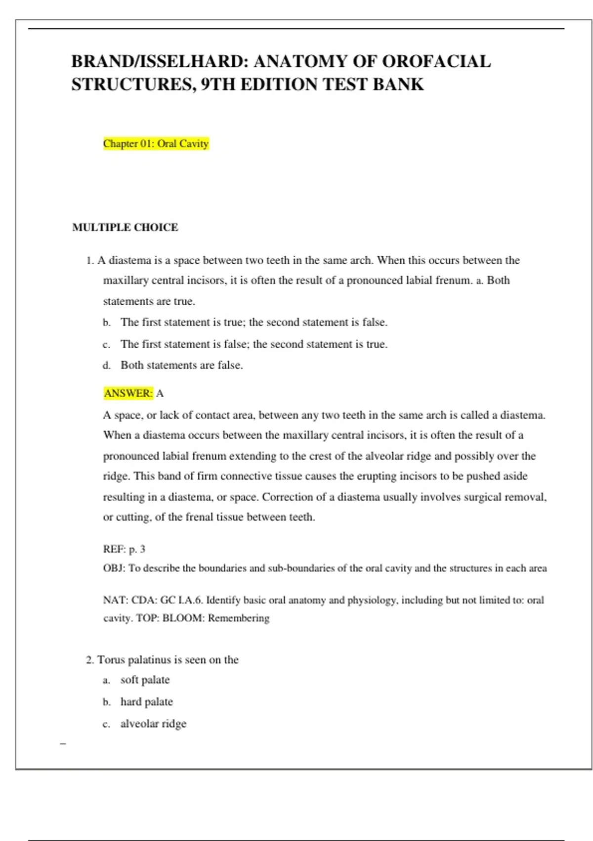 test bank for Anatomy of Orofacial Structures: A Comprehensive Approach ...