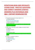 ESTHETICIAN &lpar;SKIN CARE SPECIALIST&rpar;  LICENSE EXAM   PRACTICE QUESTIONS  AND CORRECT ANSWERS &lpar;VERIFIED  ANSWERS&rpar; PLUS RATIONALES 2026  Q&A &vert; INSTANT DOWNLOAD PDF