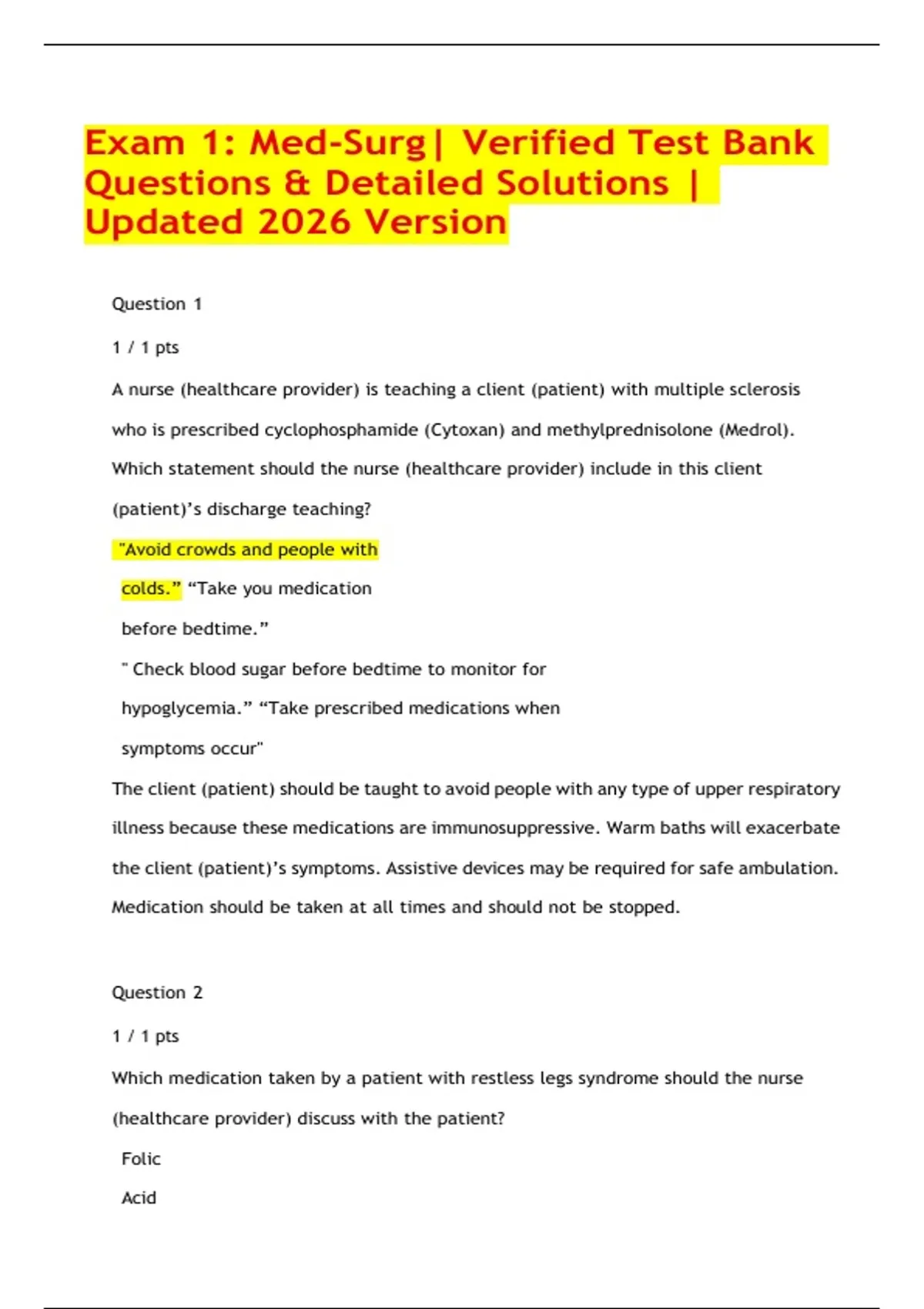 Exam 1: Med-Surg| Verified Test Bank Questions & Detailed Solutions | Updated 2026 Version - Med ...
