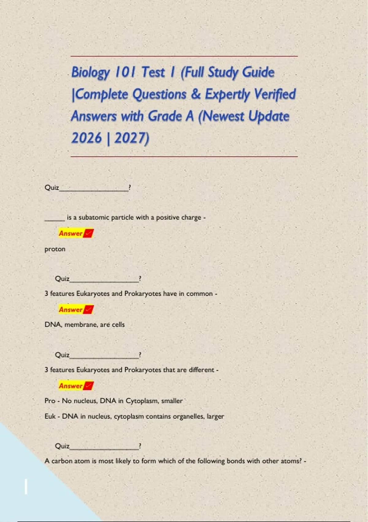 Biology 101 Test 1 (Full Study Guide |Complete Questions & Expertly ...