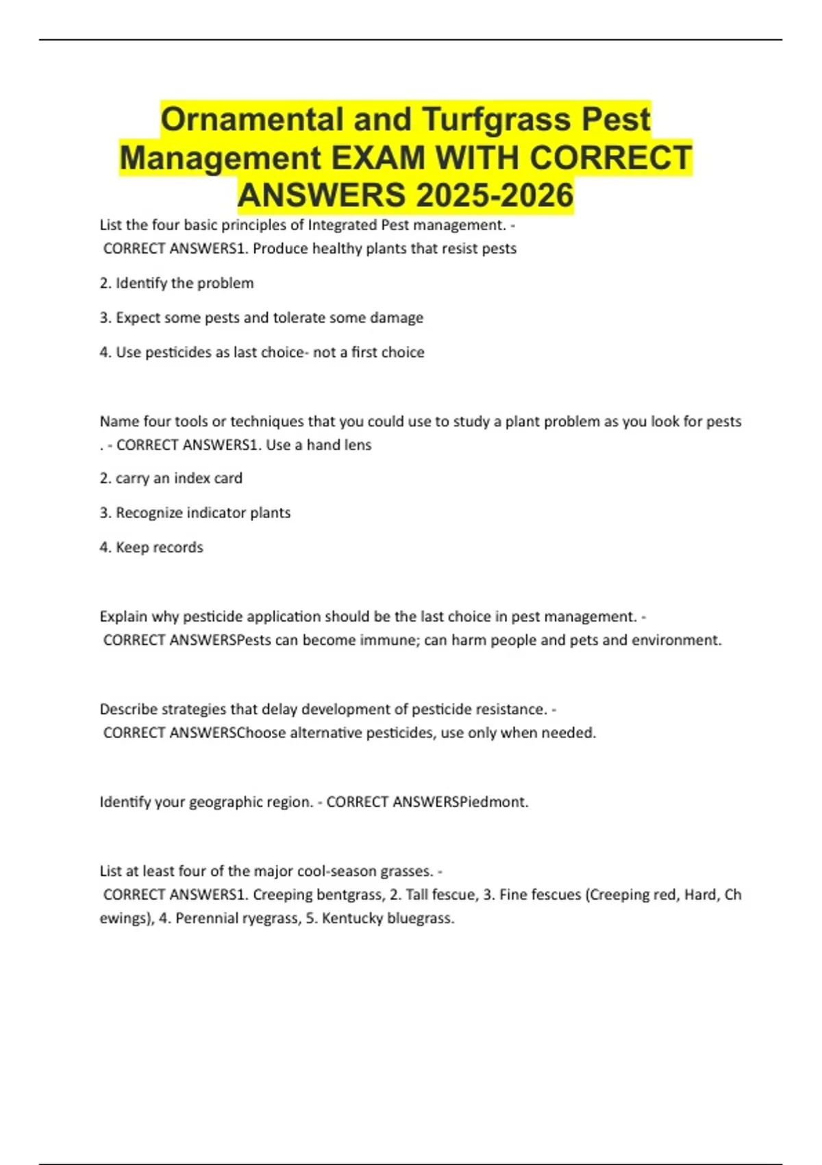 Ornamental and Turfgrass Pest Management EXAM WITH CORRECT ANSWERS .pdf ...
