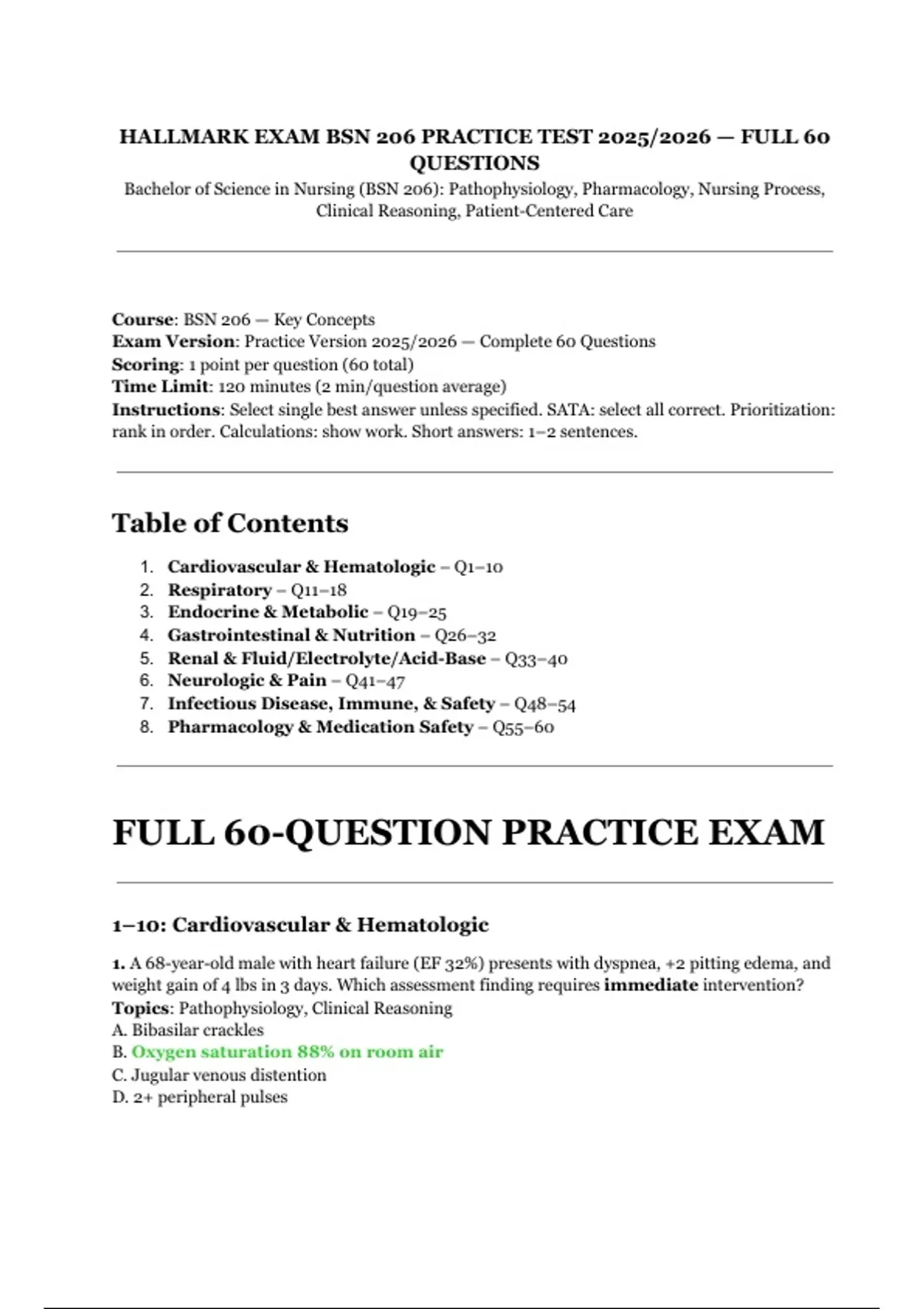 Hallmark Exam BSN 206 Practice Test (2025/2026) – Full 60 Questions ...