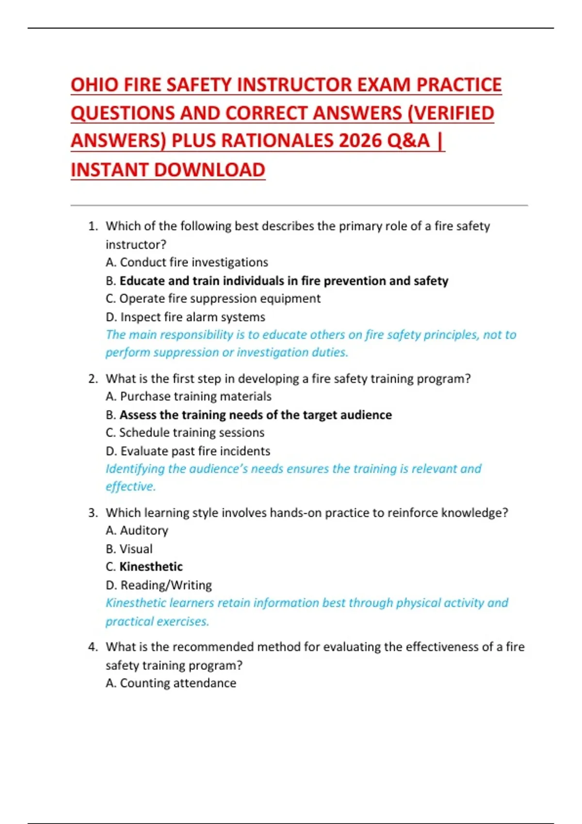 OHIO FIRE SAFETY INSTRUCTOR EXAM PRACTICE QUESTIONS AND CORRECT ANSWERS ...