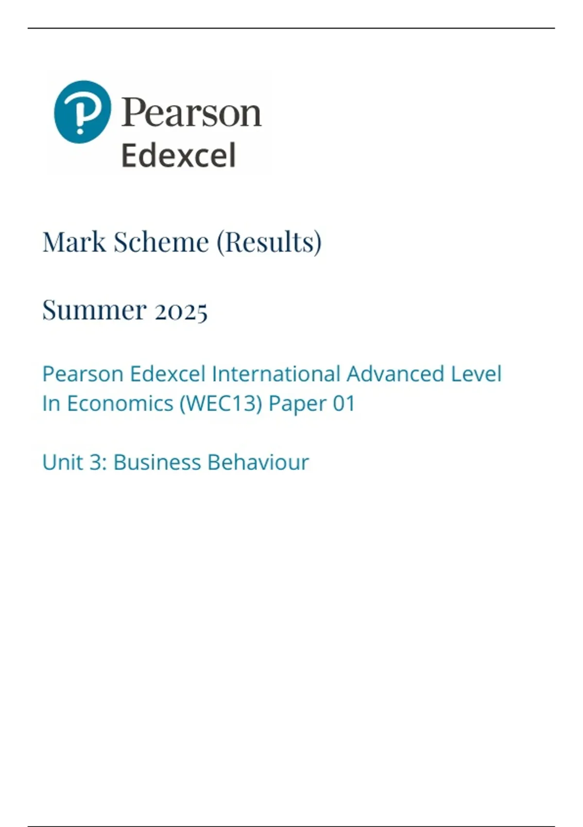 Pearson Edexcel International Advanced Level Economics UNIT 3 JUNE 2025 ...