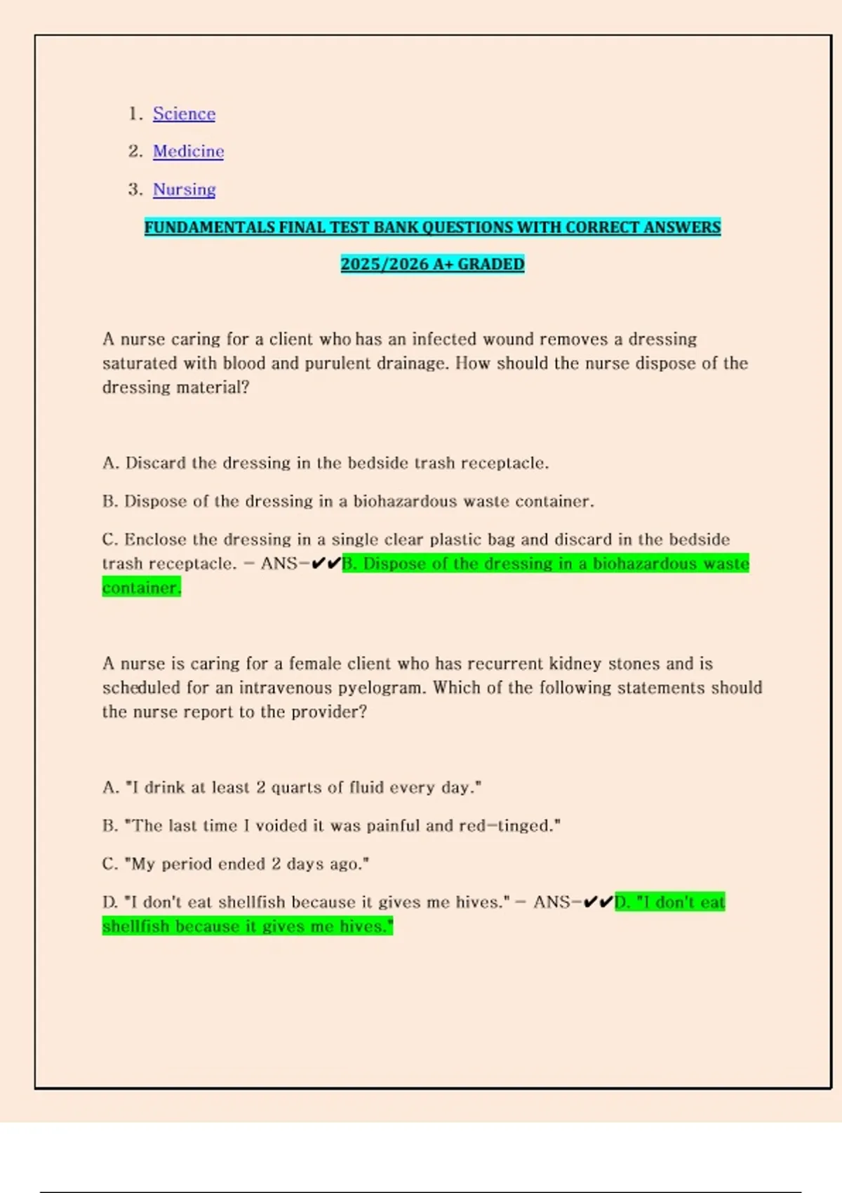 FUNDAMENTALS FINAL TEST BANK QUESTIONS WITH CORRECT ANSWERS 2025/2026 ...