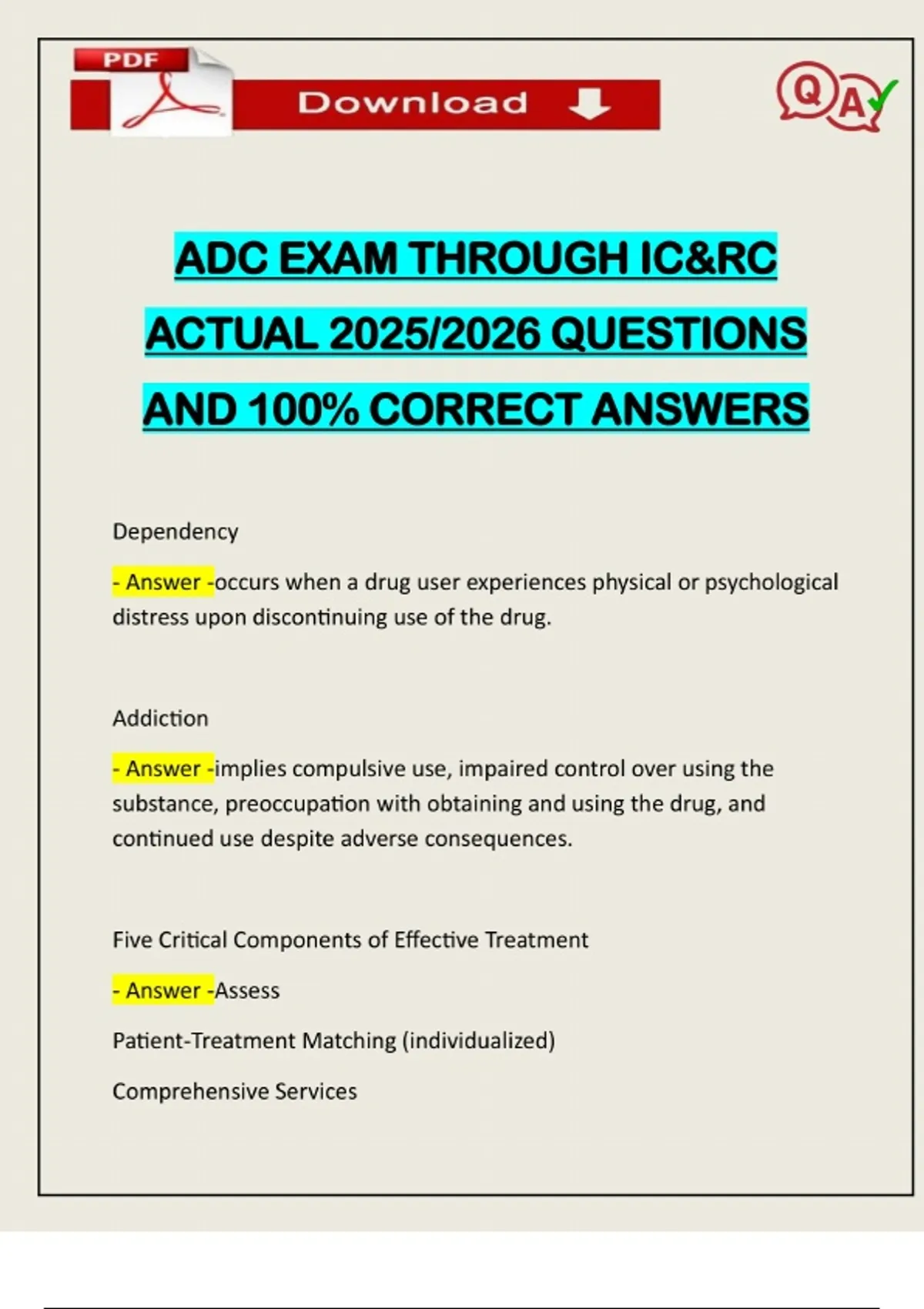 ADC EXAM THROUGH IC&RC ACTUAL 2025/2026 QUESTIONS AND 100% CORRECT ...