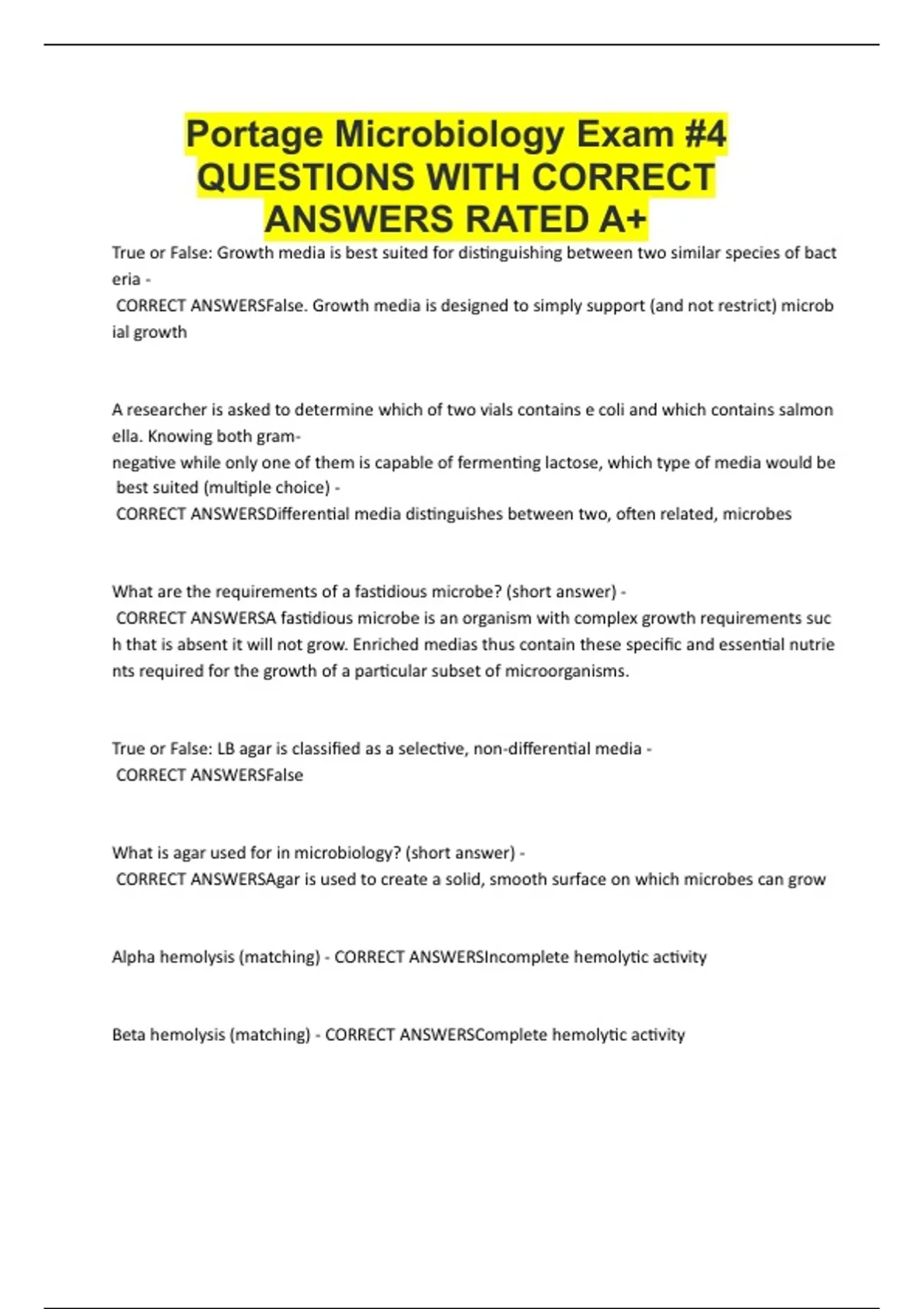 Portage Microbiology Exam -4 QUESTIONS WITH CORRECT ANSWERS RATED A+ ...