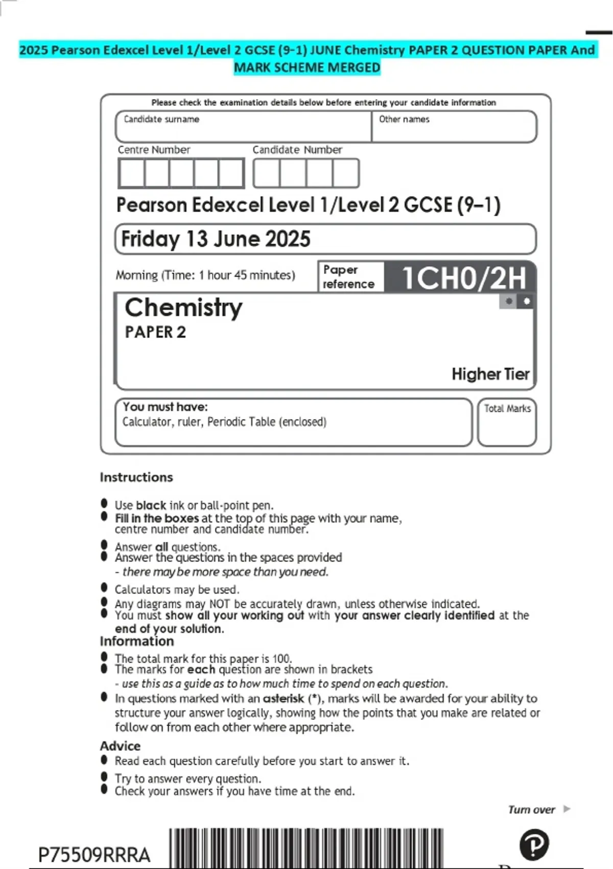 2025 Pearson Edexcel Level 1/Level 2 GCSE (9–1) JUNE Chemistry PAPER 2 ...