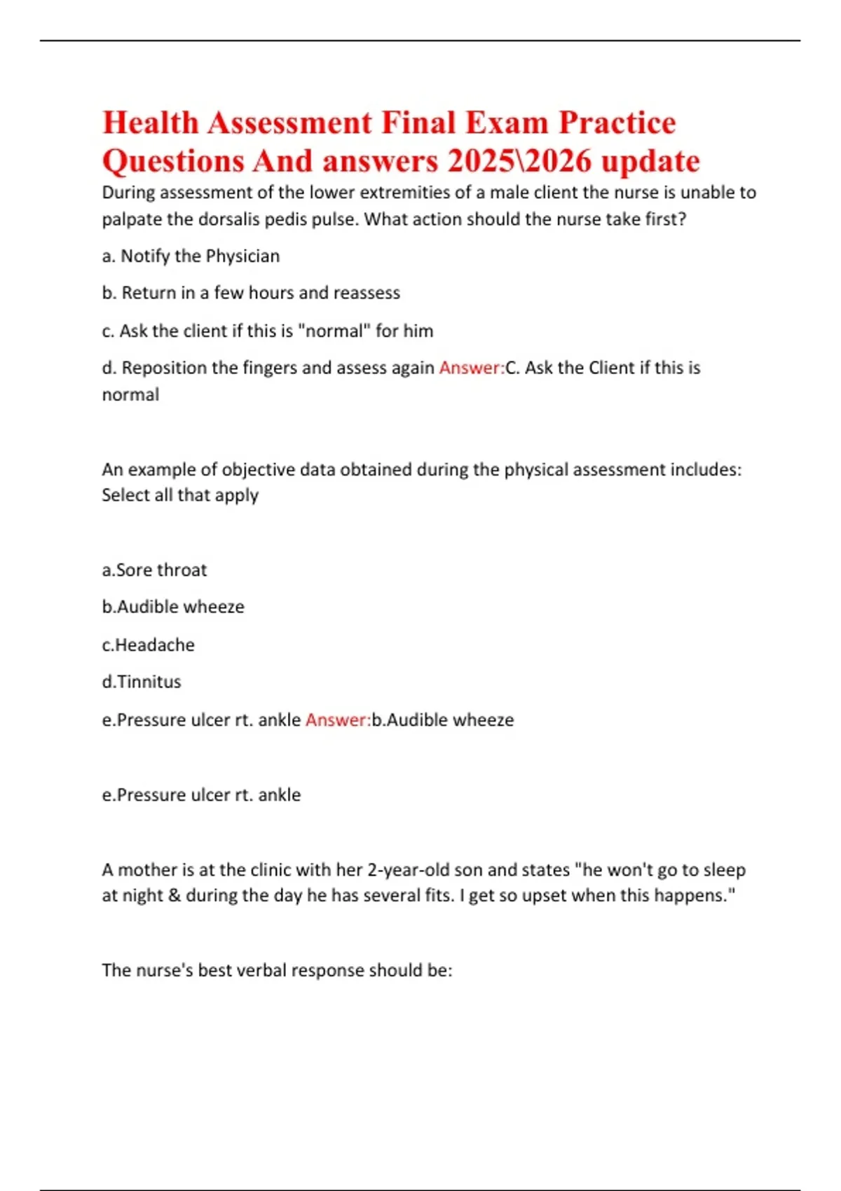 Health Assessment Final Exam Practice Questions And answers update ...