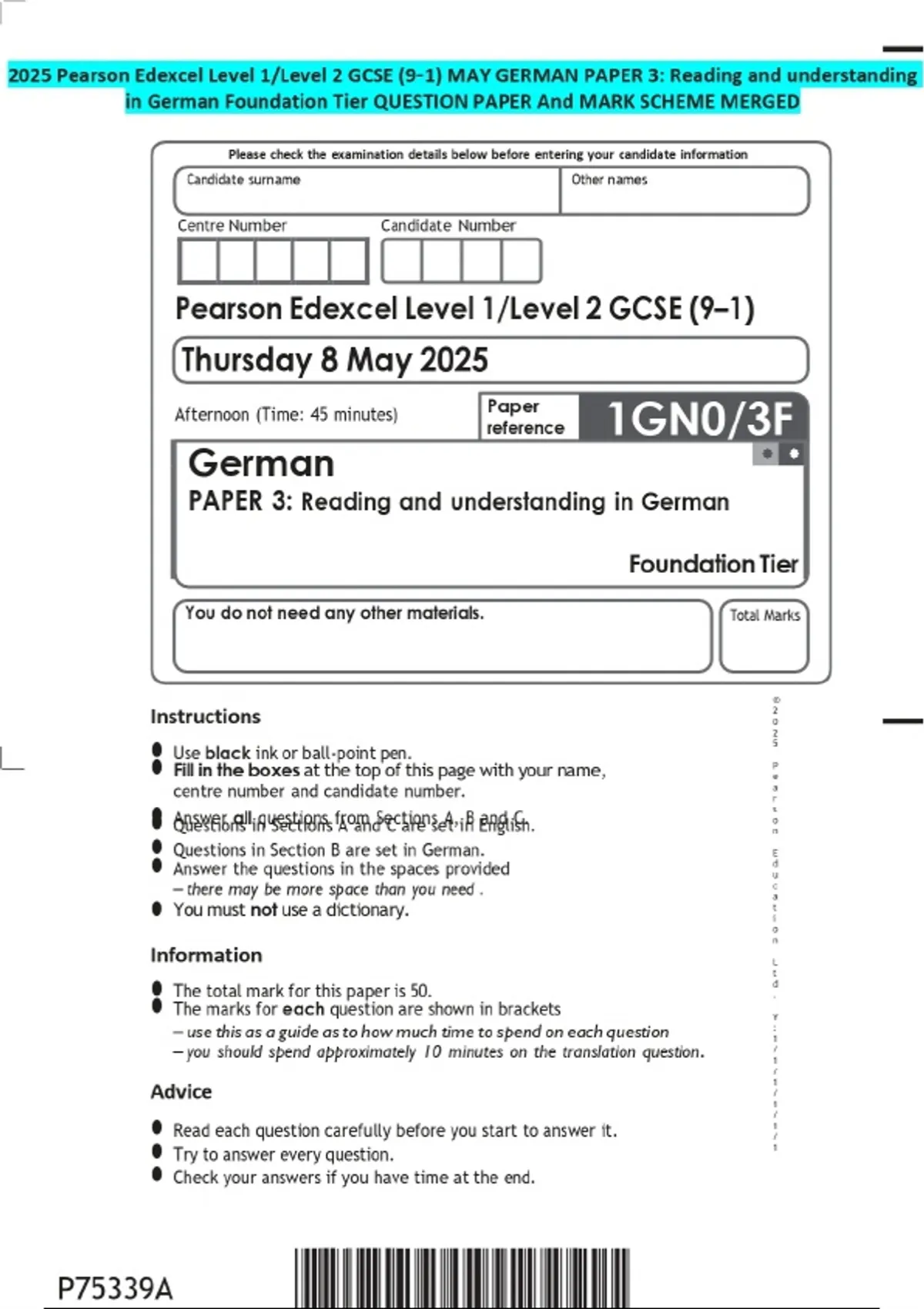2025 Pearson Edexcel Level 1/Level 2 GCSE (9–1) MAY GERMAN PAPER 3 ...