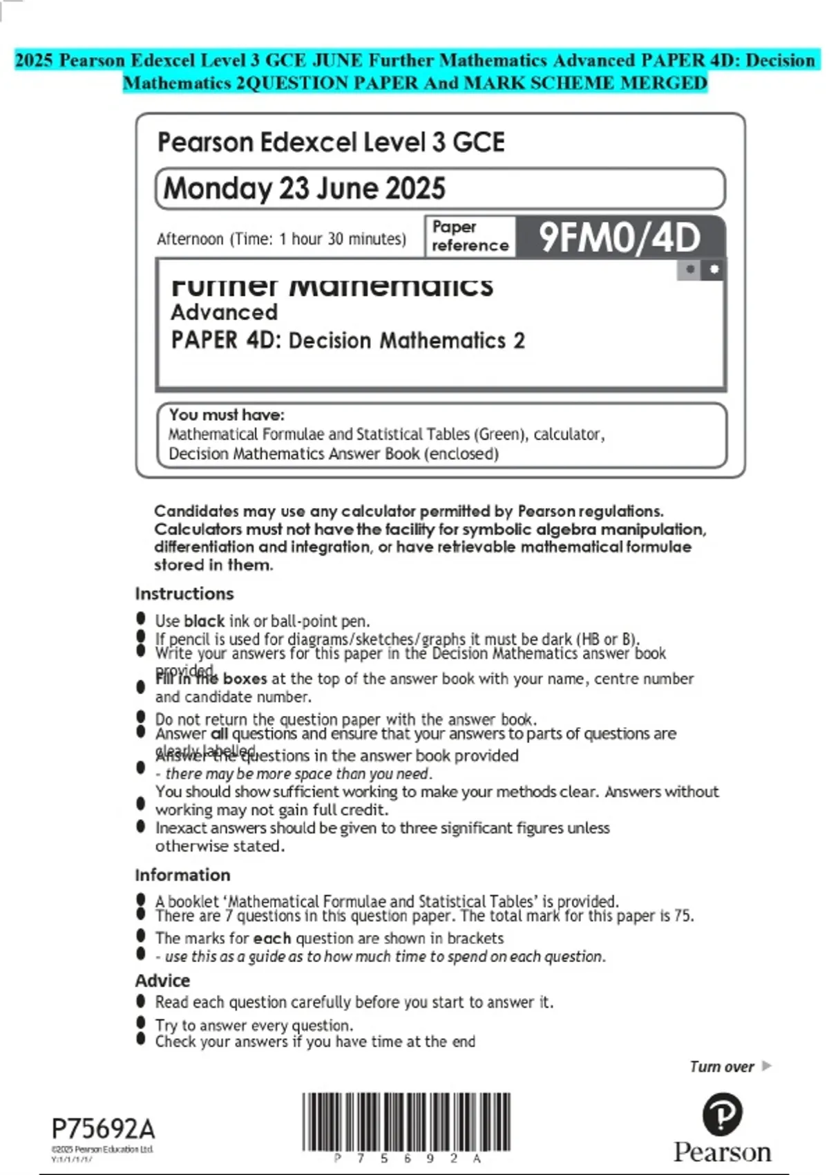 2025 Pearson Edexcel Level 3 GCE JUNE Further Mathematics Advanced ...