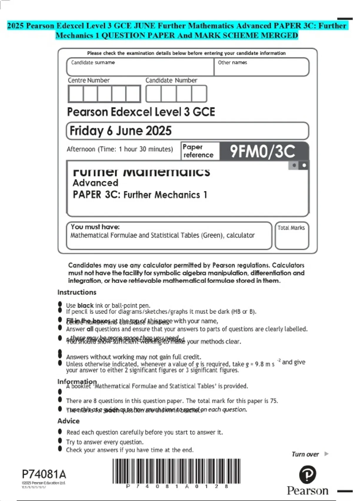 2025 Pearson Edexcel Level 3 GCE JUNE Further Mathematics Advanced ...