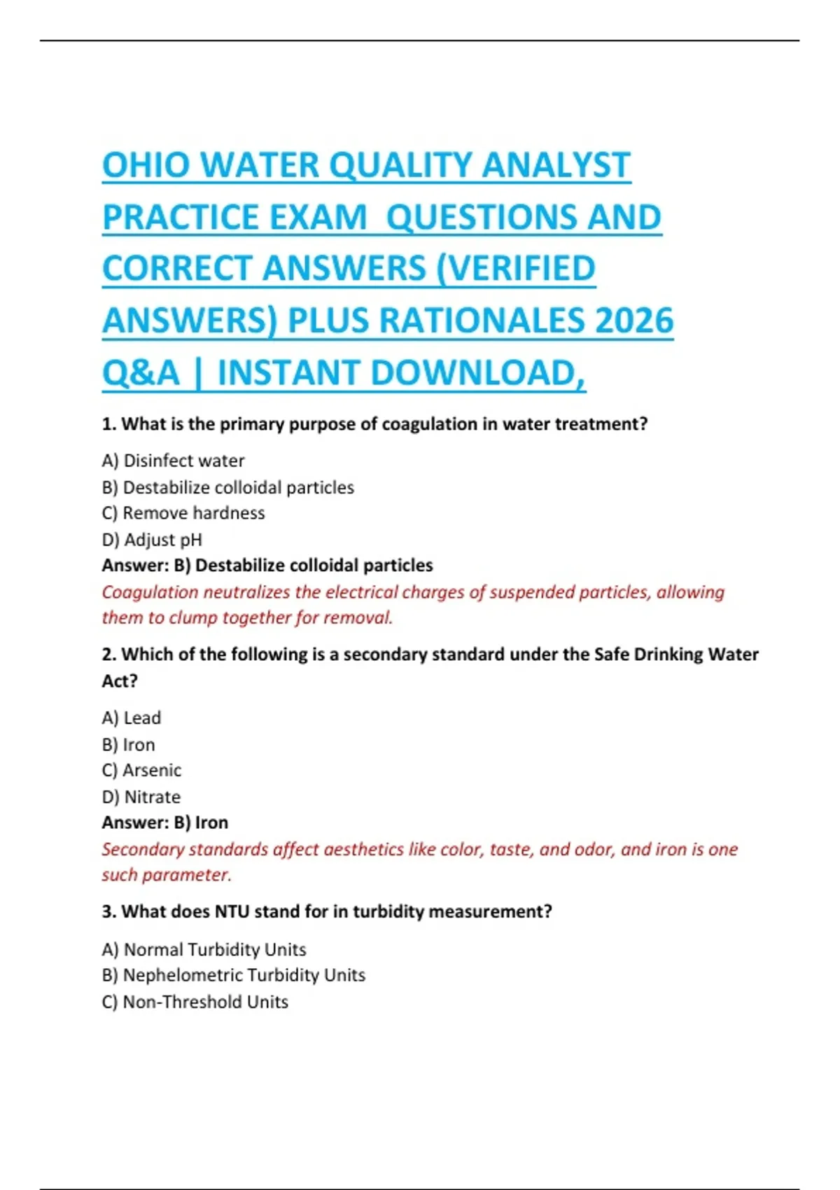 OHIO WATER QUALITY ANALYST PRACTICE EXAM QUESTIONS AND CORRECT ANSWERS ...