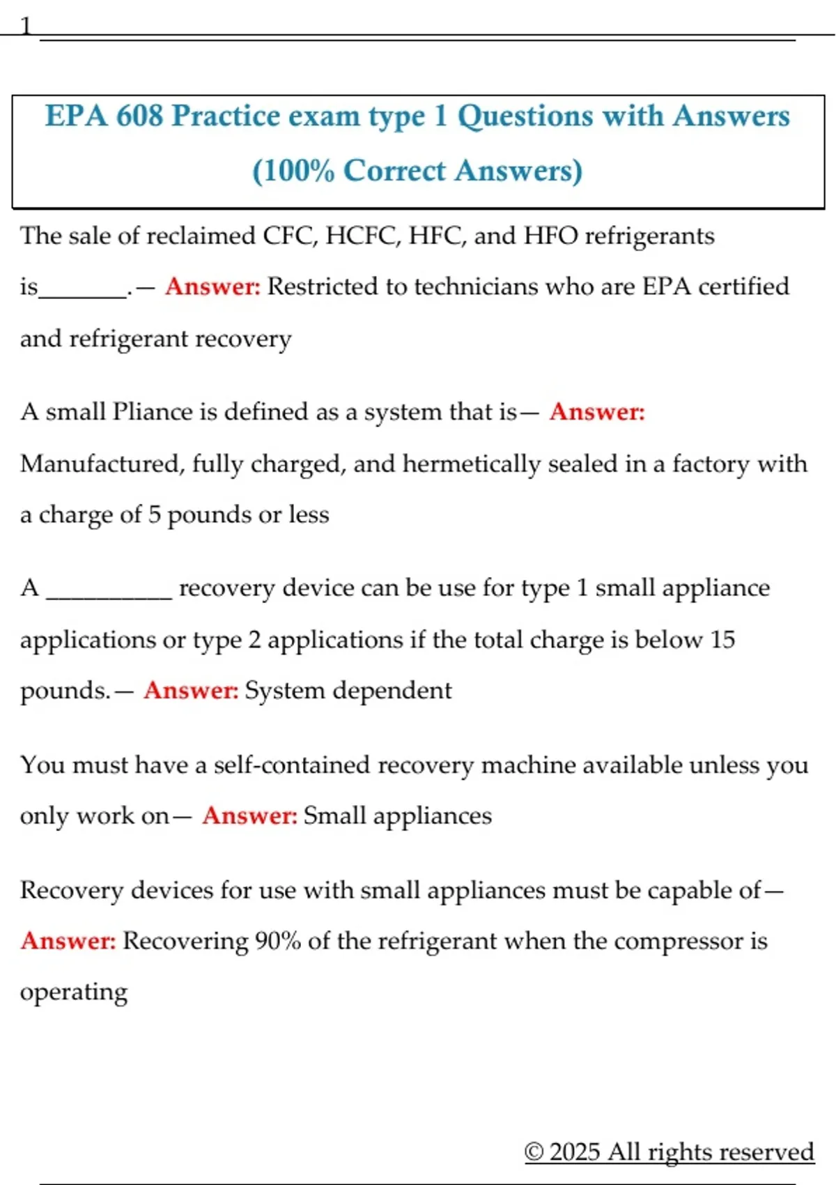 EPA 608 Practice exam type 1 Questions with Answers (100% Correct ...