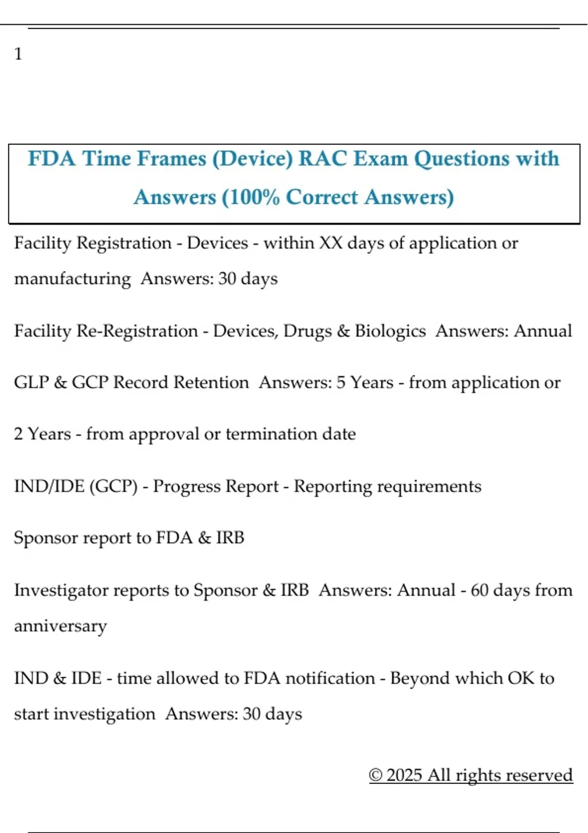 FDA Time Frames (Device) RAC Exam Questions with Answers (100% Correct ...