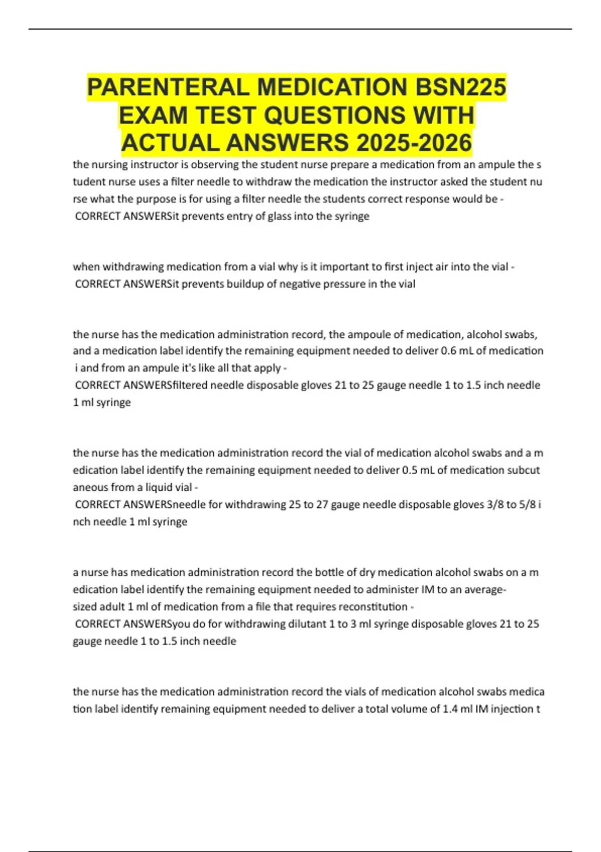 PARENTERAL MEDICATION BSN225 EXAM TEST QUESTIONS WITH ACTUAL ANSWERS ...