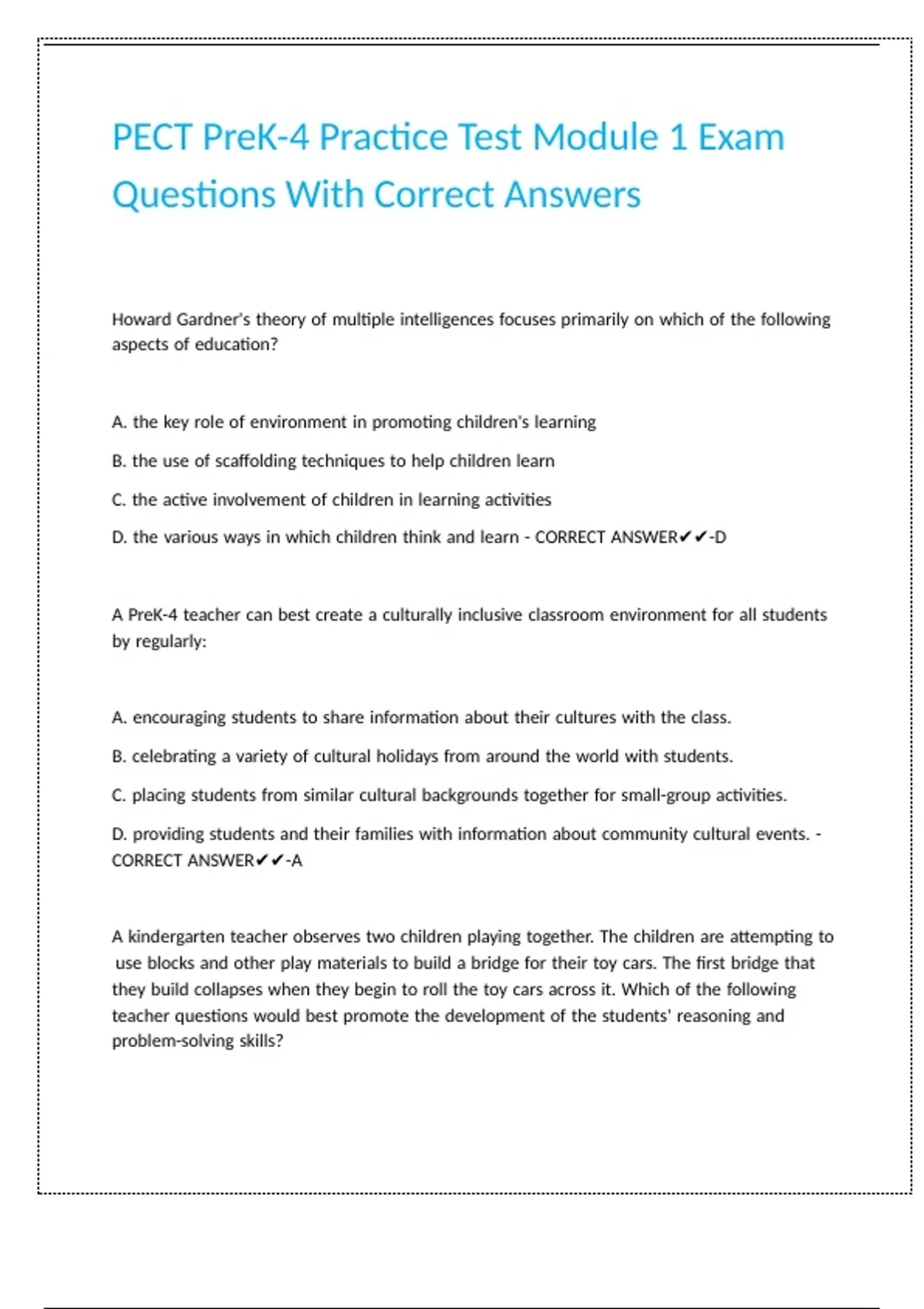 PECT PreK-4 Practice Test Module 1 Exam Questions With Correct Answers ...
