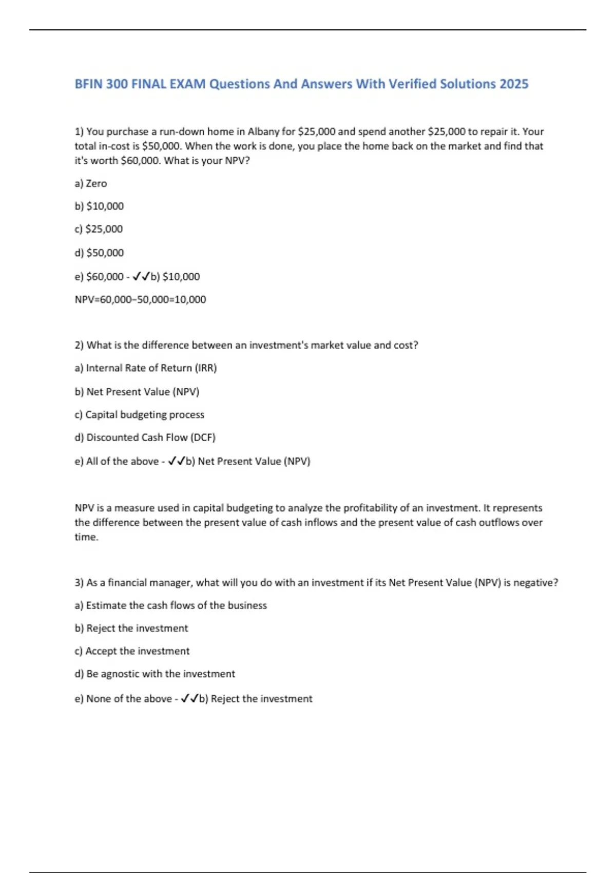 BFIN 300 FINAL EXAM Questions And Answers With Verified Solutions 2025 ...