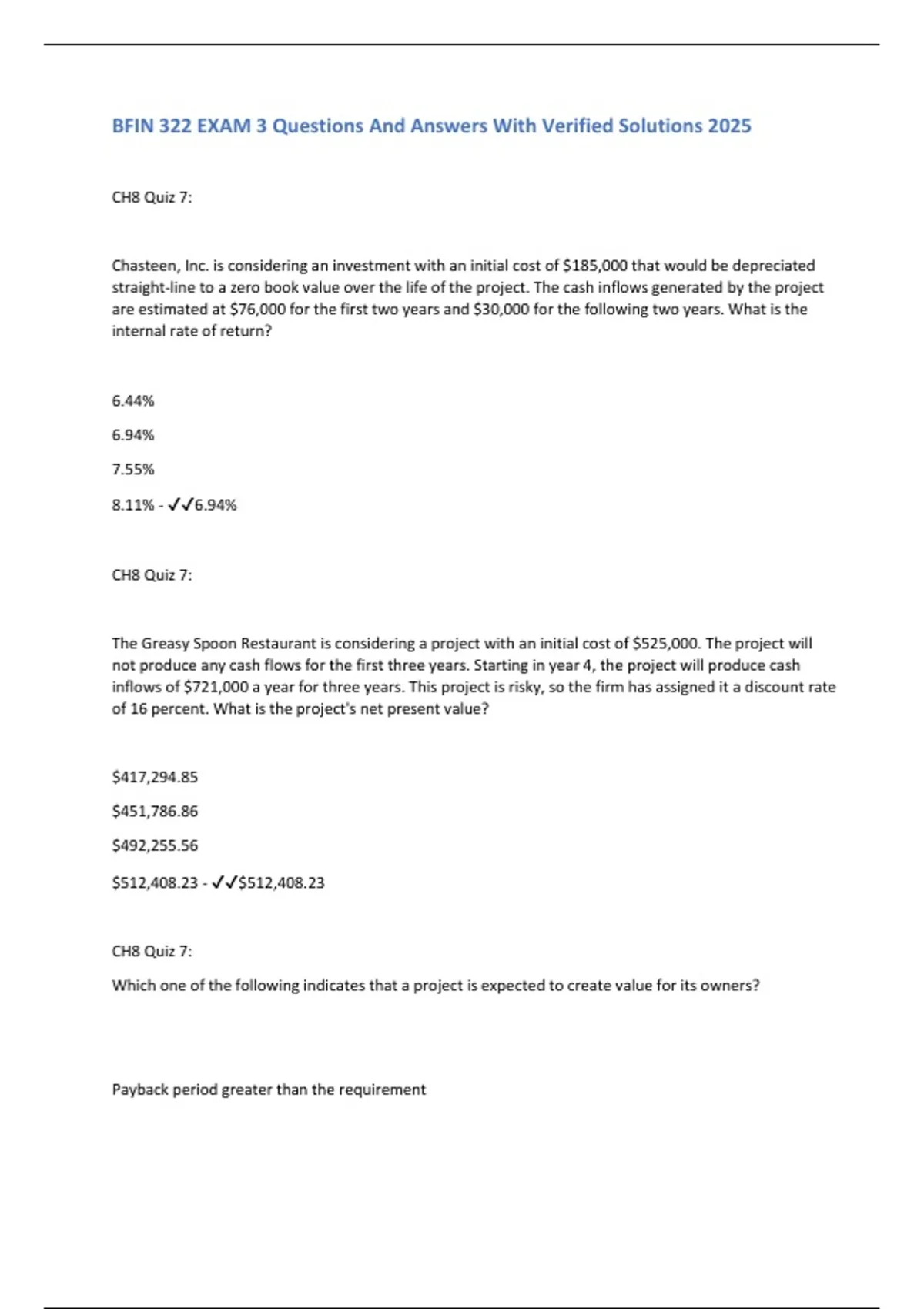 BFIN 322 EXAM 3 Questions And Answers With Verified Solutions 2025 ...